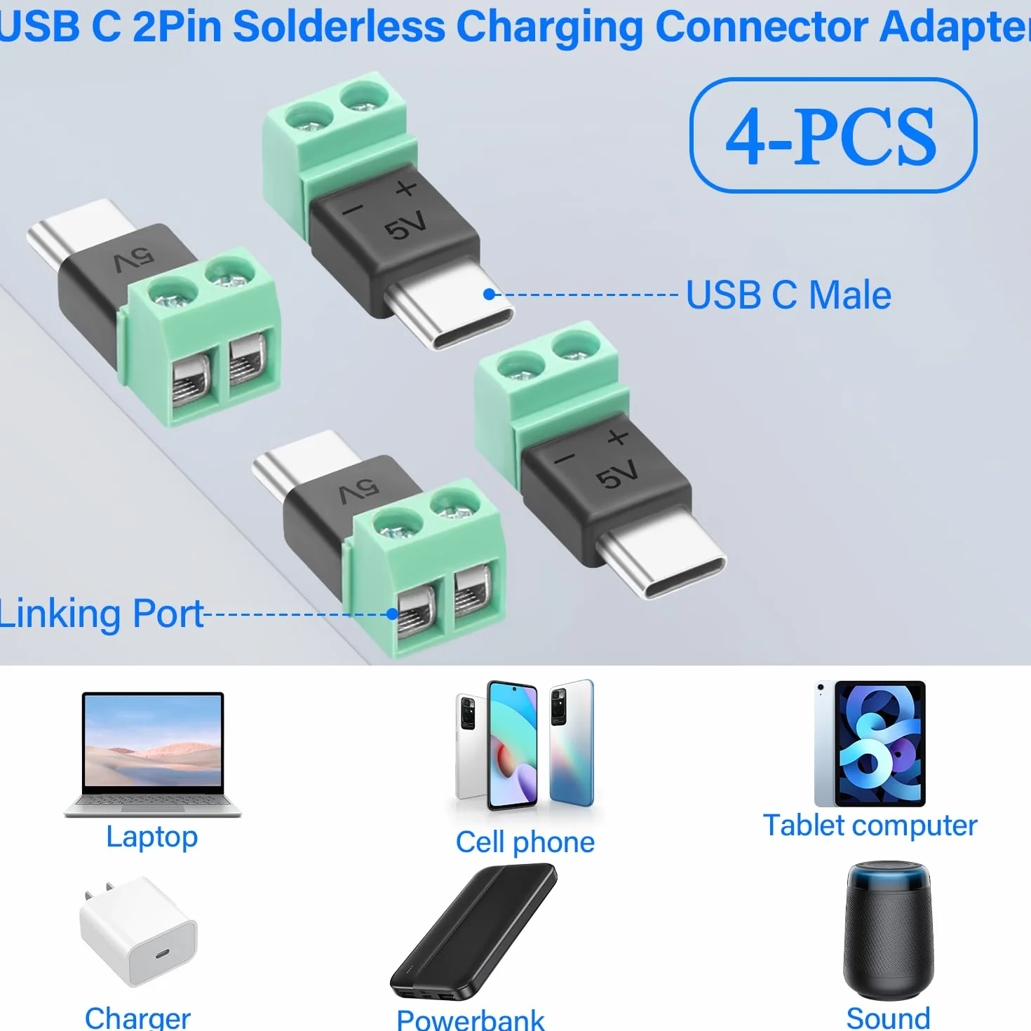 QIANRENON Adapter USB C, 2 piny, bezlutowna wtyczka na złącze zaciskowe, ładowanie 5 V 1,5 A, bez transferu danych, 4 sztuki w opakowaniu