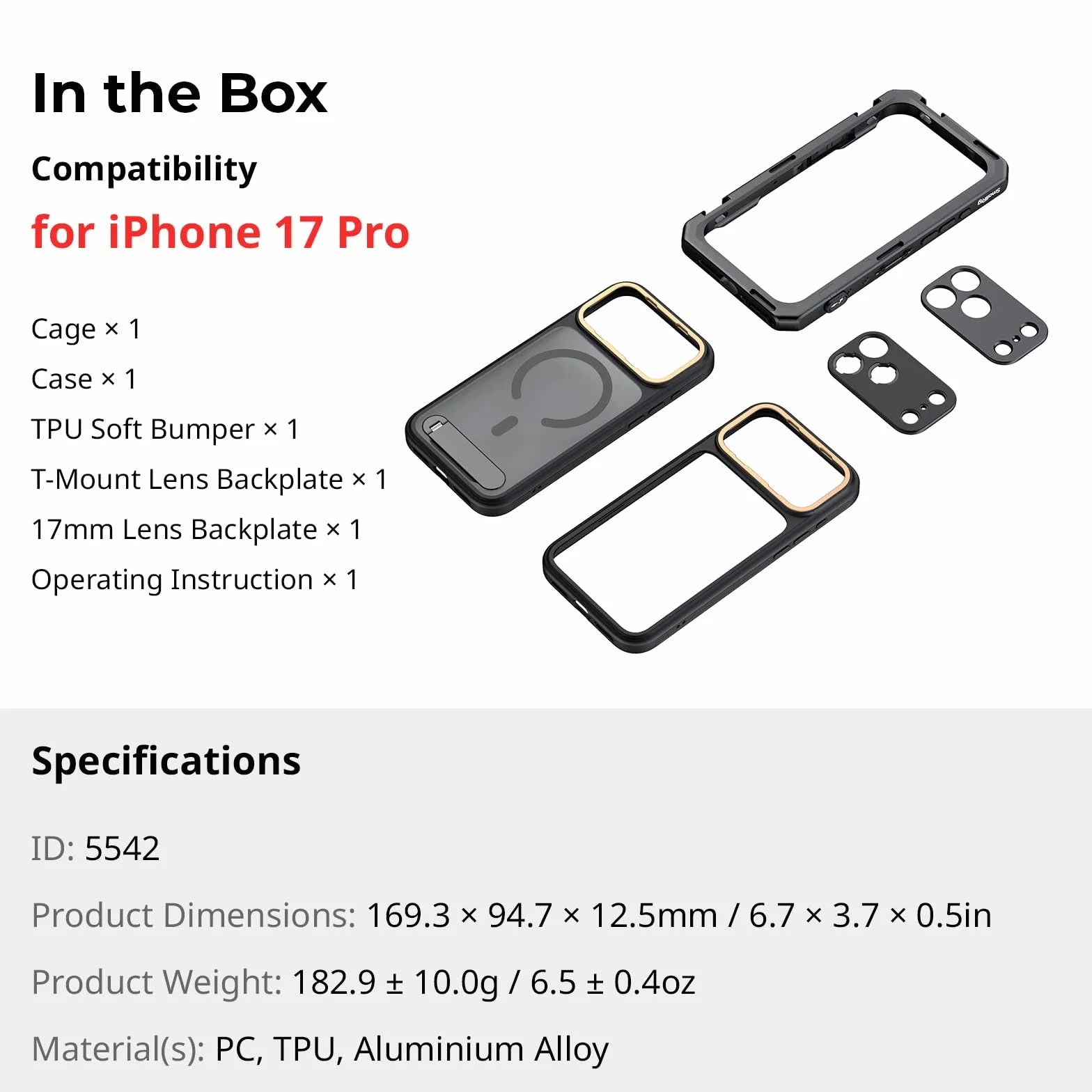 SMALLRIG Mobilna klatka wideo do iPhone'a 17 Pro, z etui/miękką ramką z TPU/mocowaniem T i tylną płytką obiektywu z gwintem 17 mm, zestaw wideo do nagrywania wideo, vlogów, edycja flagowa - 5542