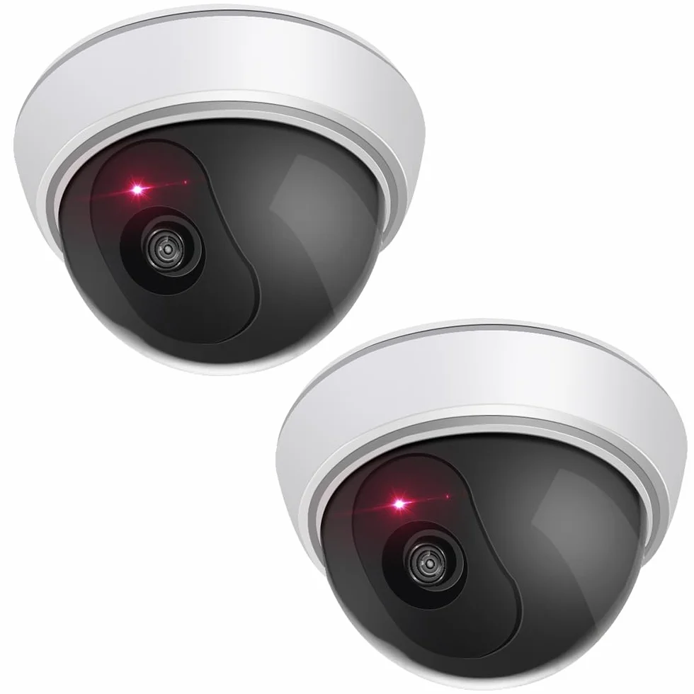 ERWEY Atrapa aparatu z obiektywem, monitoring wideo, kamera monitoringowa, sztuczna kamera z czerwonym światłem LED, na ścianę, sufit, zestaw 2 szt