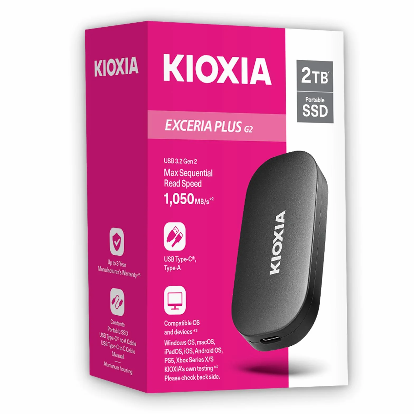 KIOXIA Przeno?ny dysk SSD EXCERIA Plus G2 USB 3.2 Gen 2, do 1050 MB/s, kompaktowy i trwa?y, ochrona klasy wojskowej, szyfrowanie AES, pojemno?? pami?ci 2 TB