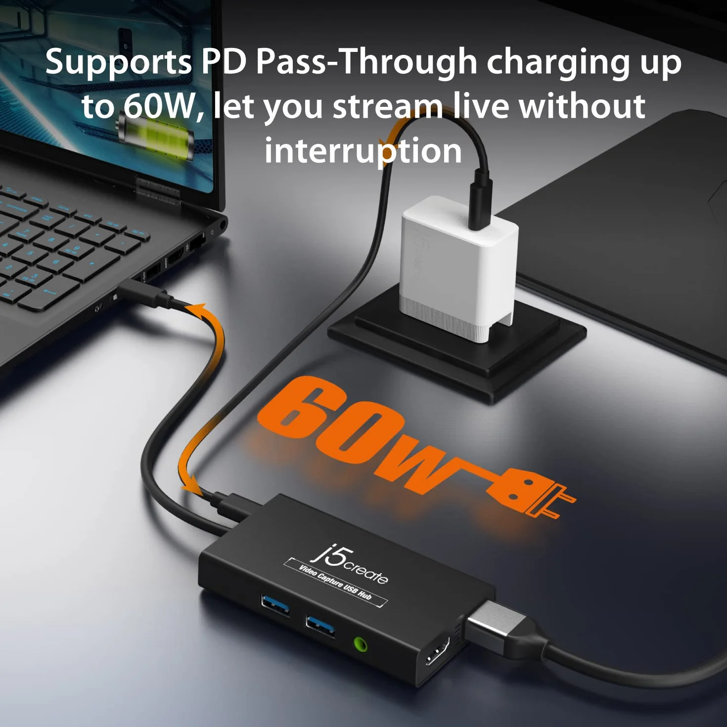 j5create Karta przechwytywania wideo z ładowaniem przelotowym PD 60 W, wbudowany wielofunkcyjny koncentrator, współpracuje z Quest 3, nadaje się do transmisji na żywo, gier (JVA01)