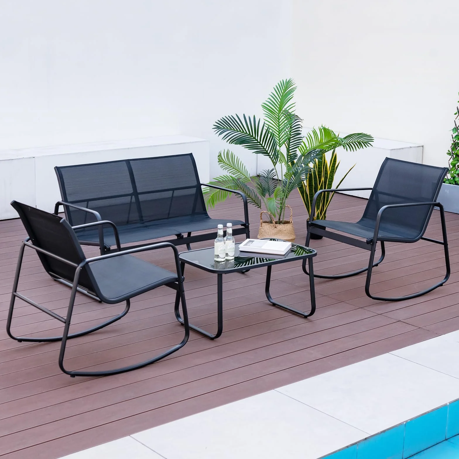 GIANTEX Salon ogrodowy dla 4 osób, stół zewnętrzny z 2 oddychającymi krzesłami bujanymi z tkaniny, 1 sofa, szklany stolik kawowy, meble ogrodowe na balkon, dziedziniec, basen