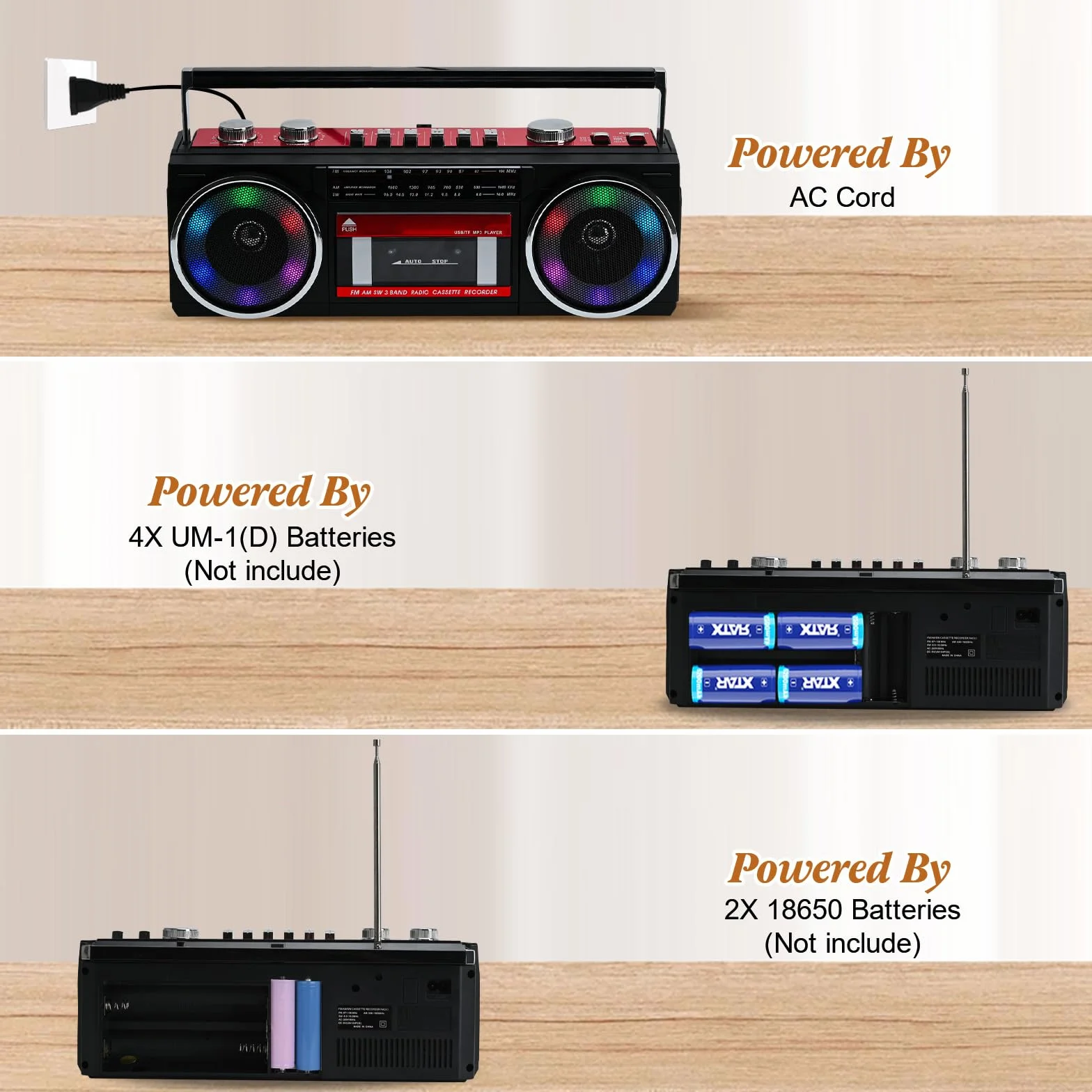 Przenośny odtwarzacz kasetowy Boombox AM/FM/SW radio stereo, odtwarzacz kasetowy, odtwarzacz MP3, Bluetooth, USB, RGB, karta TF (czerwony)
