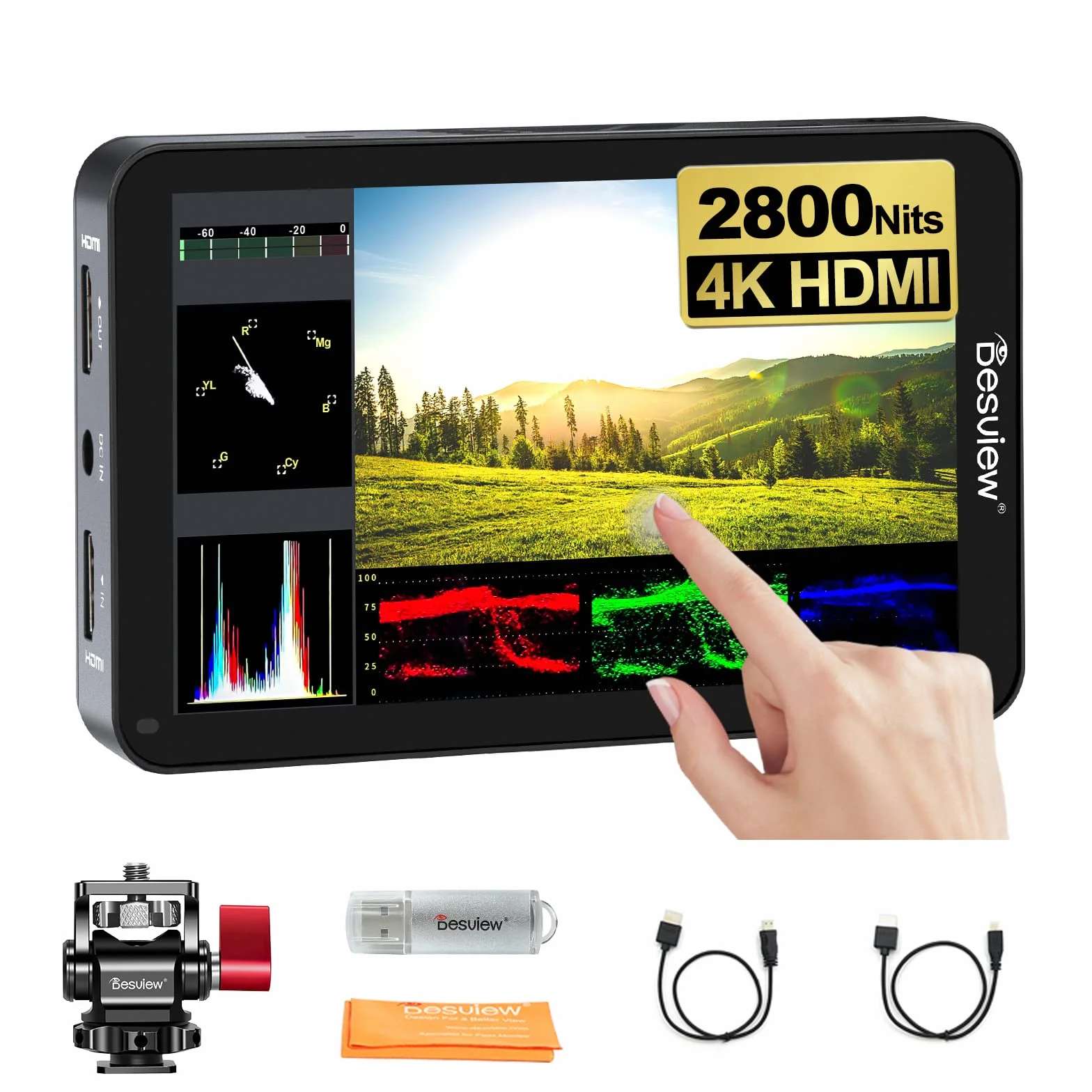 Desview Monitor terenowy R6 2800 Nits, ekran dotykowy o przekątnej 5,5 cala, Full HD 1920 x 1080 z 4K HDMI 3D, LUT, asystent ostrości wideo do lustrzanek cyfrowych