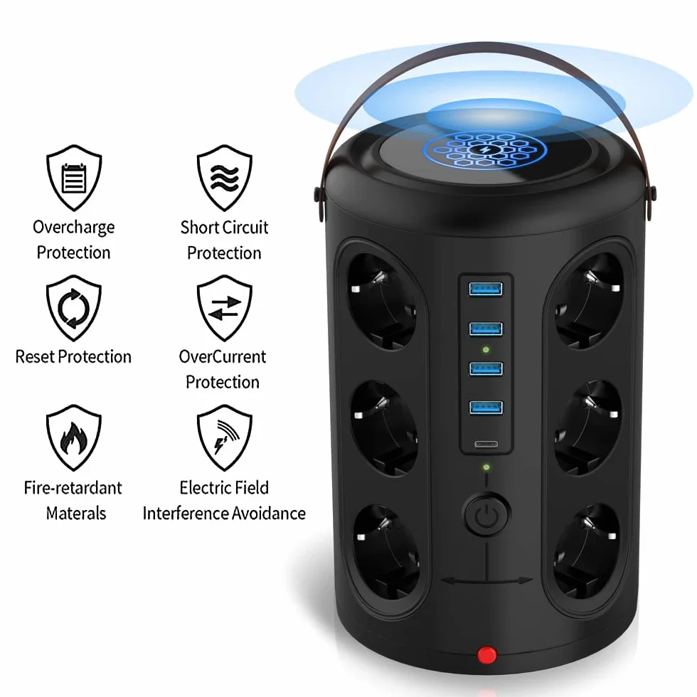 Kavolet pionowa blok wtykowy z 12 gniazdami i 4 portami USB i bezprzewodowym ładowaniem (2500/10A), z zabezpieczeniem przed przeciążeniem i przepięciem, kablem 1,8 M