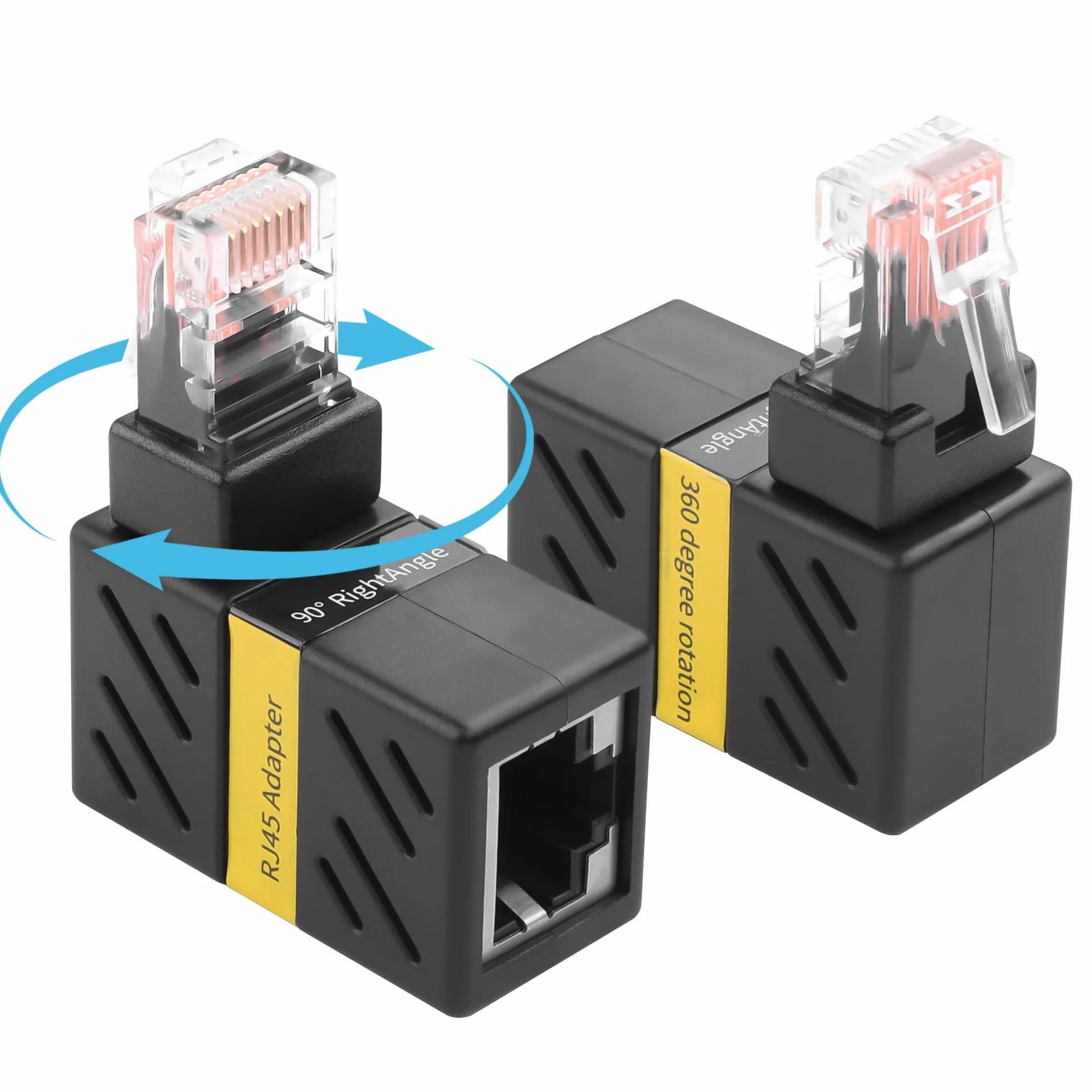 YACSEJAO 2 szt. adapter Ethernet obracany o 360°, 90 stopni kątowy adapter przedłużający Cat5/Cat6, gigabitowe złącze męskie na żeńskie RJ45