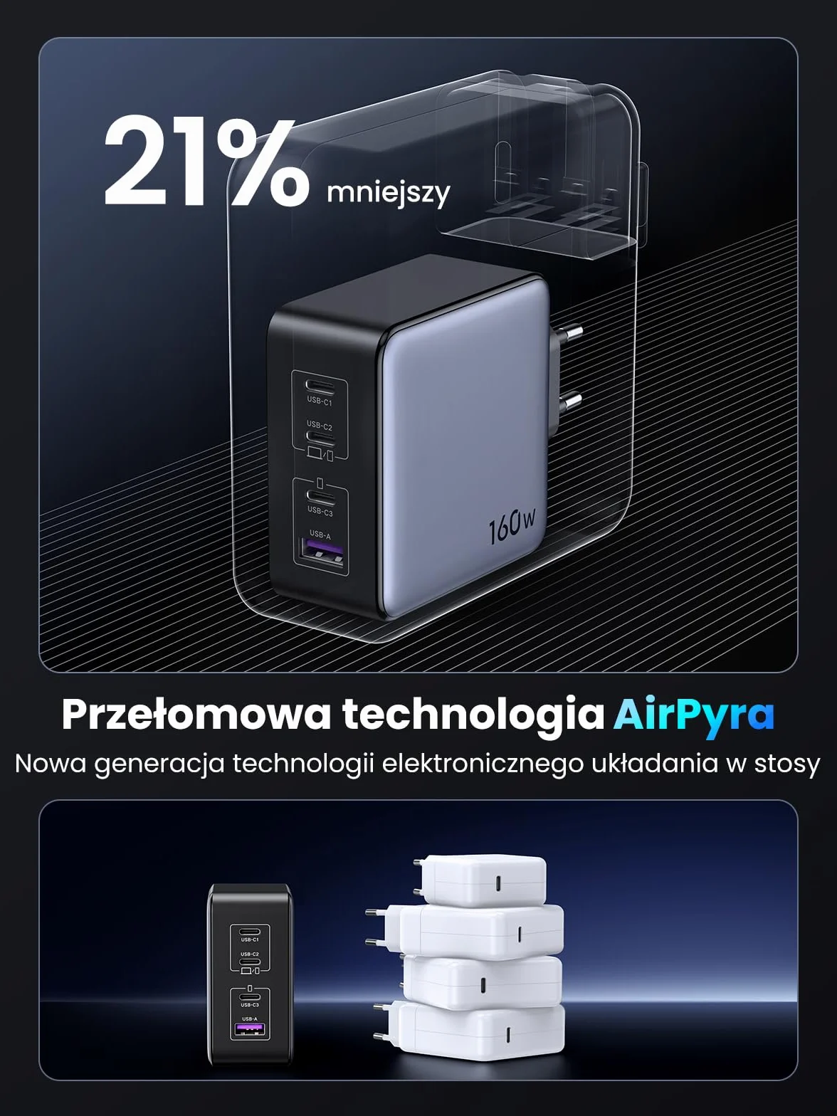 UGREEN Ładowarka USB-C, Nexode X 160W PD 3.1 Zasilacz 140W GaN Ładowarka 4-portowa Szybka ładowarka PPS 45W Kompatybilna z MacBook Pro 16" 2021, iPhone 16 Pro Max, Galaxy S24 Ultra, Vision Pro