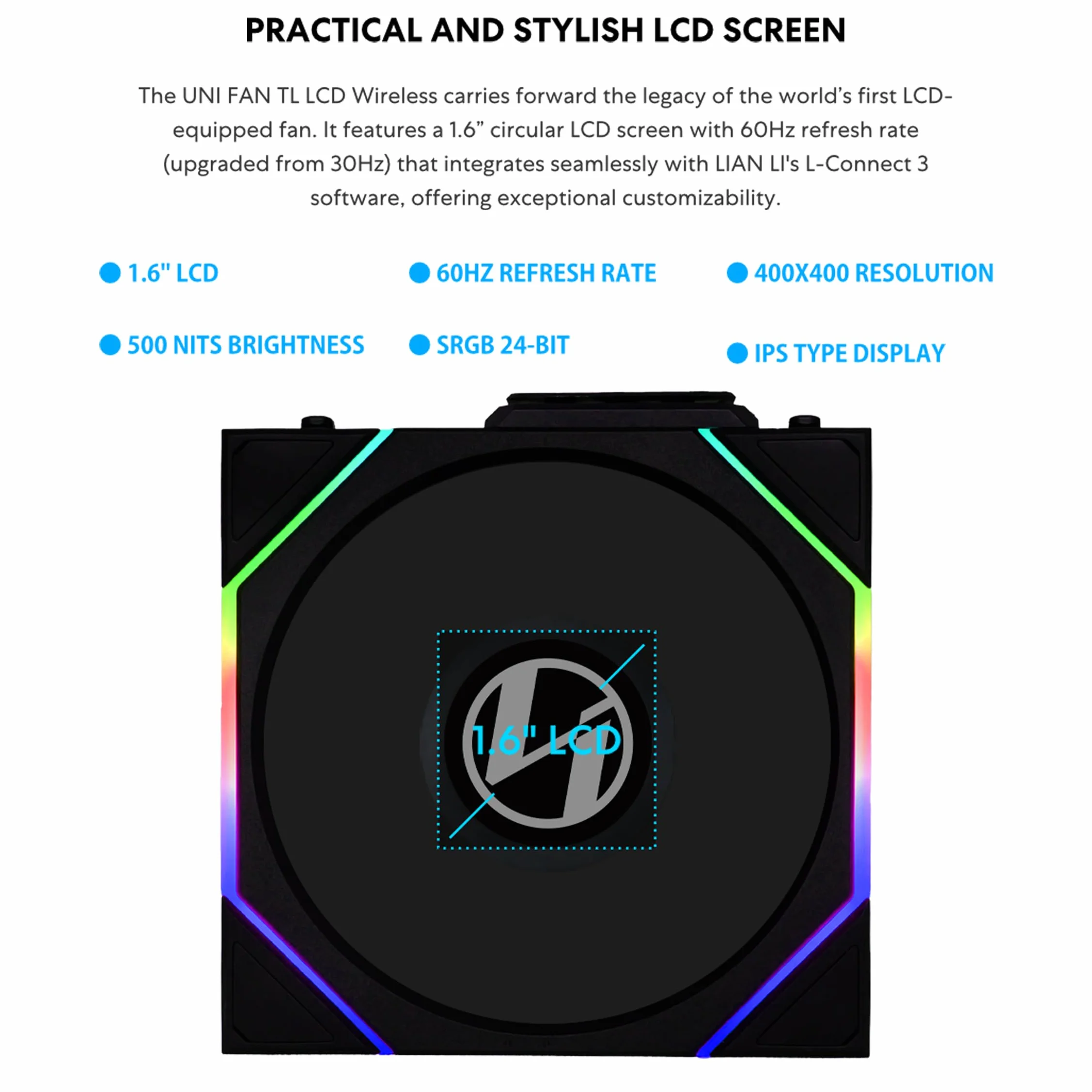Lian Li UNI Fan TL LCD 120 Wireless - pojedyncze opakowanie (odwrotne ostrze) - kontroler nie jest dołączony - bezprzewodowe sterowanie 2,4 GHz - konstrukcja lustra nieskończoności - wymagany