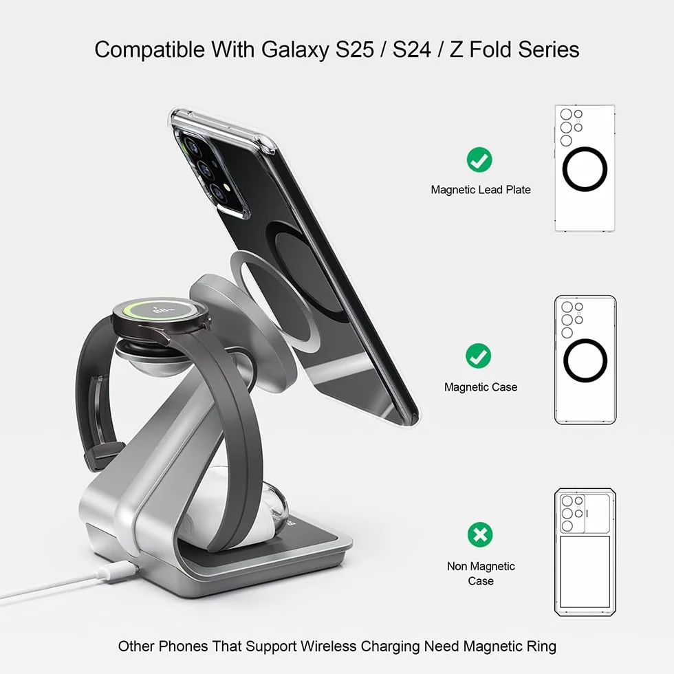 Bezprzewodowa ładowarka do Samsunga: Magnetyczna bezprzewodowa stacja ładująca 3 w 1 do Samsung S25 S24 Ultra S23 S22 S21, stojak do ładowania ze stopu aluminium do Galaxy Watch Ultra/7/6/5/4