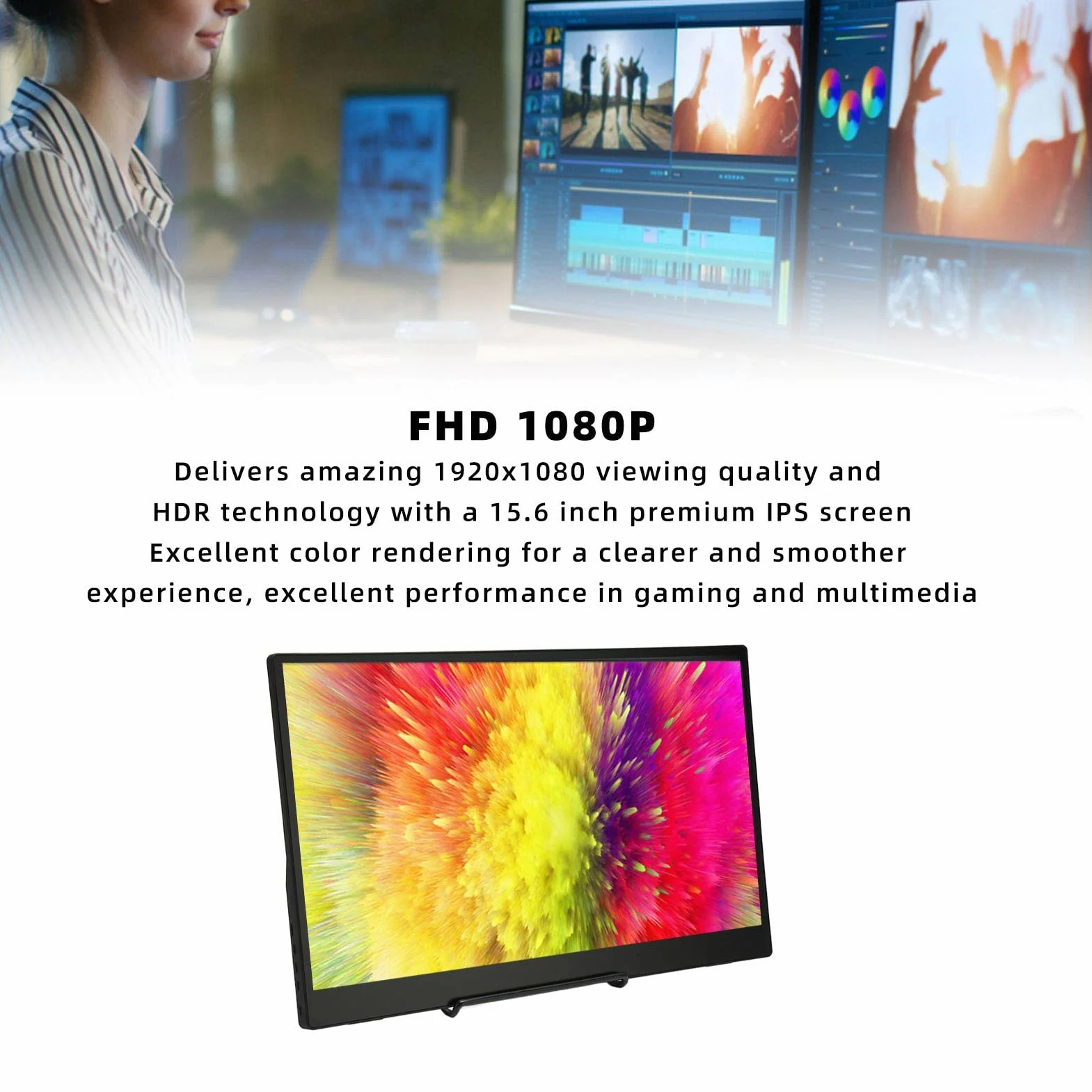 Przenośny monitor, 15,6" 16:9 Ultra cienki przenośny monitor laptopa FHD 1080P IPS zewnętrzny wyświetlacz, do laptopa, komputera, telefonu, konsoli do gier, z HDMI