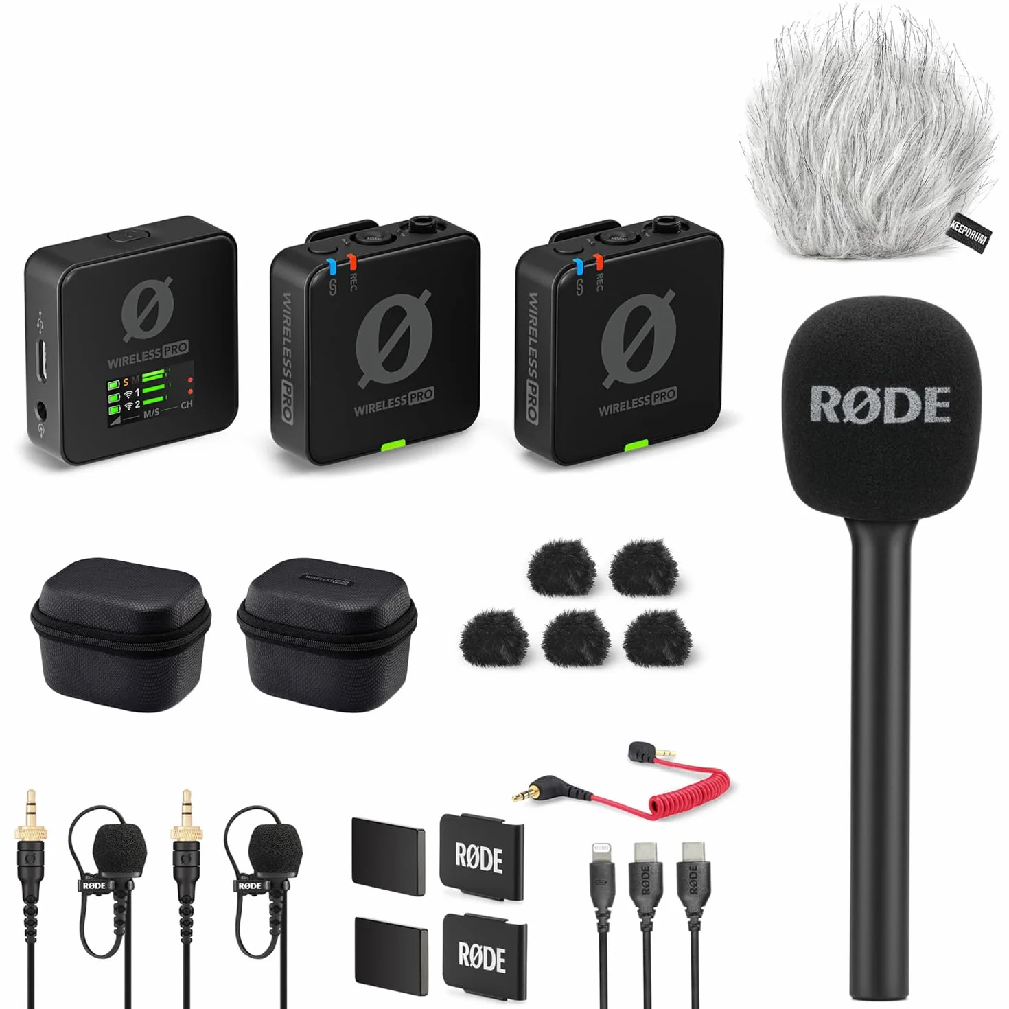 Rode Wireless Pro zestaw mikrofonowy z adapterem ręcznym Interview GO i keepdrum futrzaną ochroną przed wiatrem