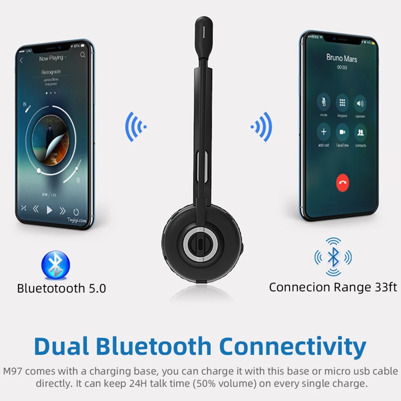 Zestaw słuchawkowy do call center, komfort z redukcją szumów Elastyczny mikrofon z redukcją szumów 300 °, zestaw słuchawkowy Bluetooth z zasięgiem bezprzewodowym 10 M, z magnetyczną podstawą ładującą