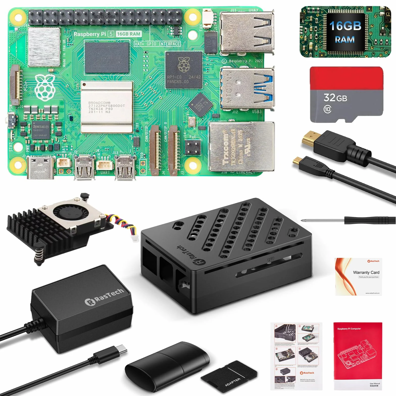RasTech zestaw do Raspberry Pi 5 16 GB z zasilaczem GaN 27 W 5,1 V 5 A USB-C, aktywna chłodziarka, zestaw rederów kart 32 GB, kabel wyjściowy 4K Micro HD, etui na karty Pi 5 16 GB i instrukcja obsługi