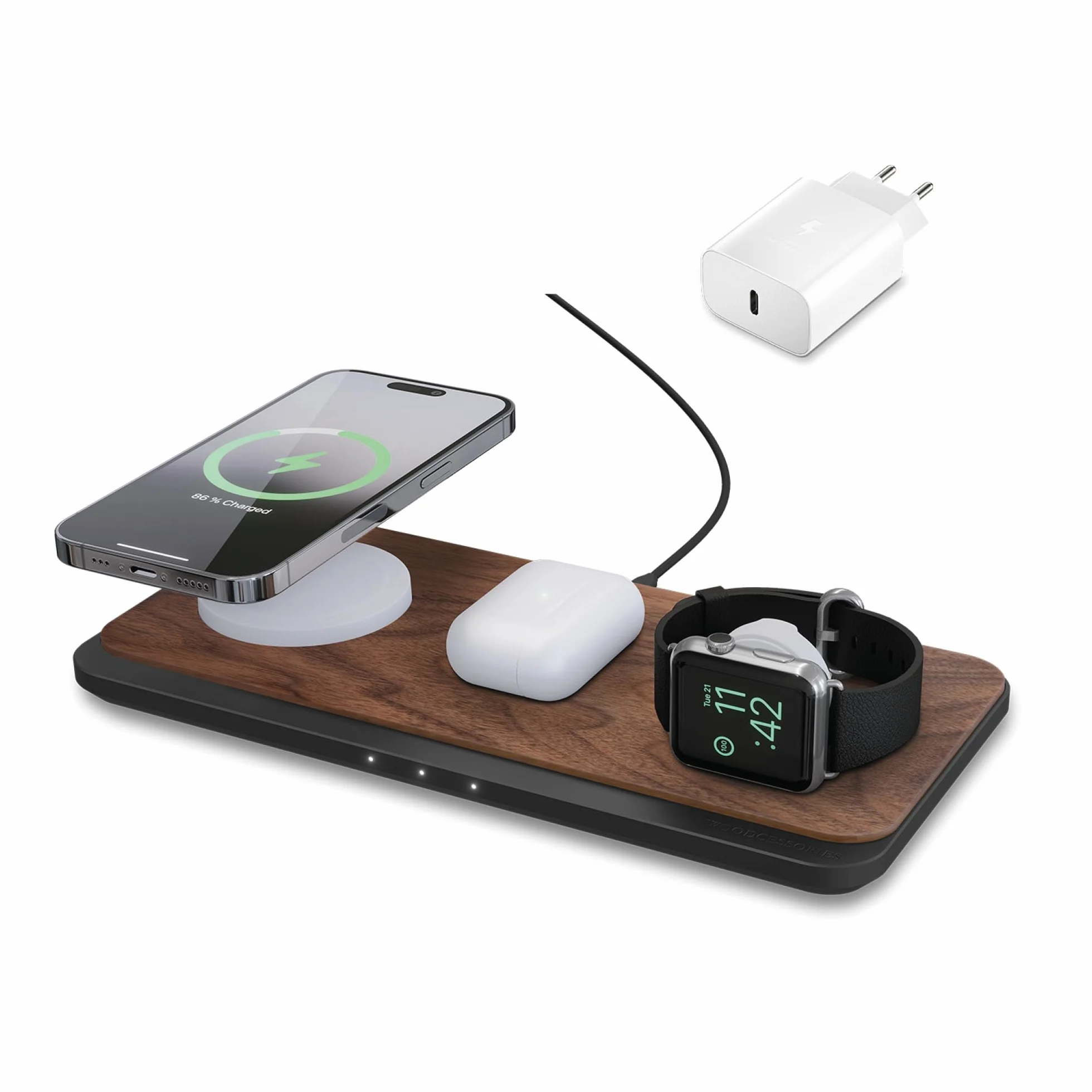 Woodcessories Multibase Pro - 3 w 1 drewniana stacja ładująca | Magsafe ładowarka | indukcyjna stacja ładująca do iPhone'a, Apple Watch, Air Pods w zestawie z adapterem Power 45 W