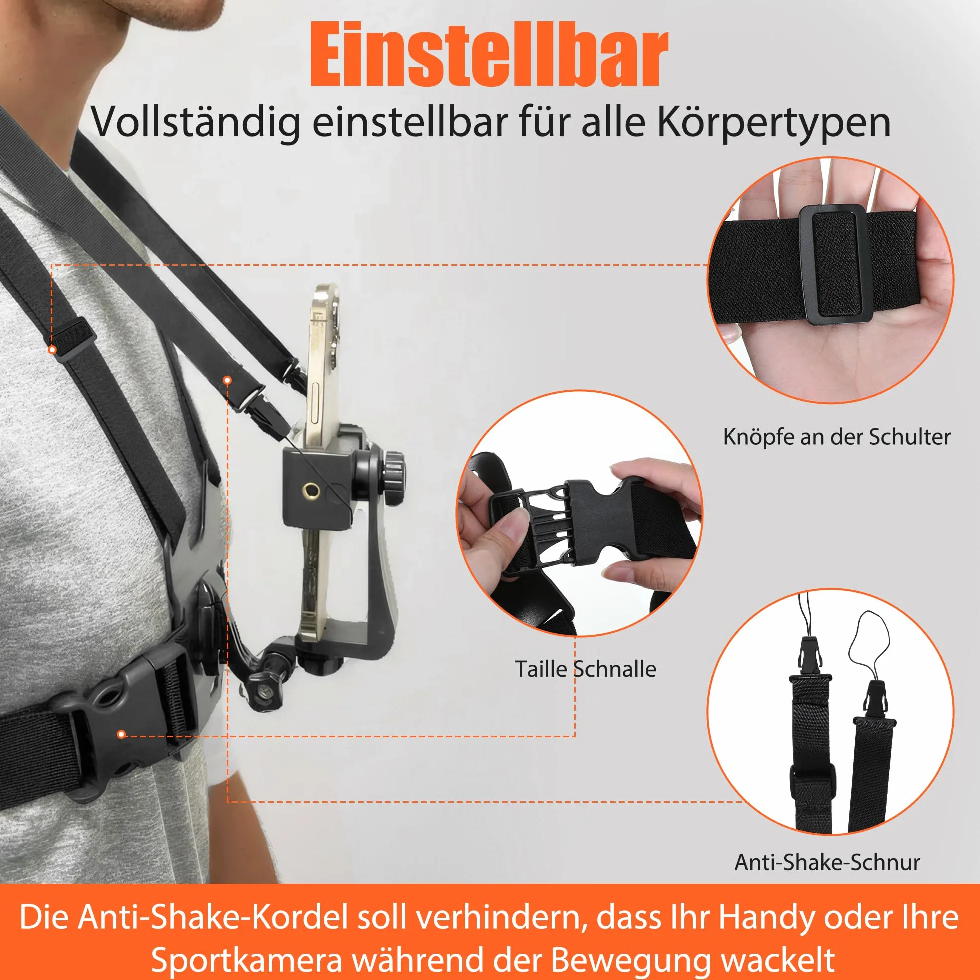 Uchwyt na pas piersiowy do GoPro & Action Cam akcesoria – regulowany pas piersiowy z uchwytem na telefon komórkowy, kompatybilny z GoPro Hero, DJI Osmo Action 5, Akaso, APEXCAM, Android, iPhone