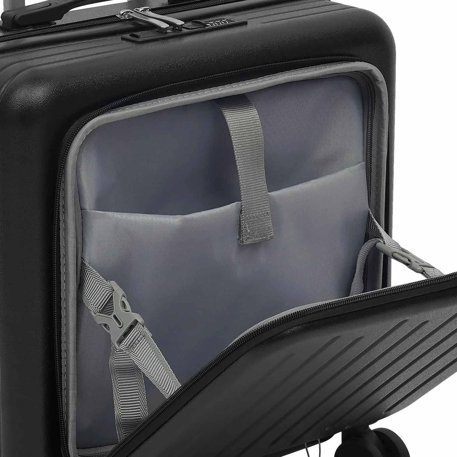 Walizka kabinowa 18″ z 3-cyfrowym zamkiem kodowym, przegródki na laptopa, port USB, uchwyt na napoje, ciche kółka obrotowe, wózek podróżny i biznesowy, czarny