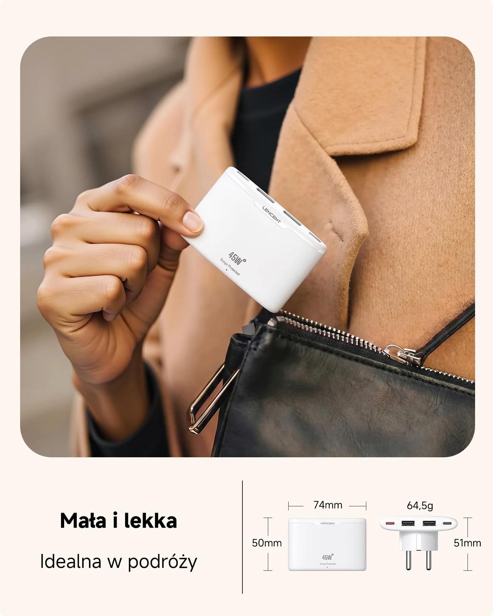 LENCENT Płaska ładowarka USB C Slim 45 W, szybka ładowarka, zasilacz | 4-portowy, cienka wtyczka do ładowania, z GaN-Tech, kompatybilna z iPhone 17/16/15, iPad, telefonem komórkowym, tabletem