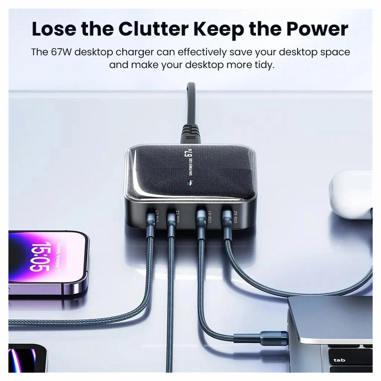 Ładowarka Stacja Ładująca Wieloportowa USB GaN 67 W Typu C PD QC Szybkie Ładowanie MożLiwość Szybkiego łAdowania(Black)