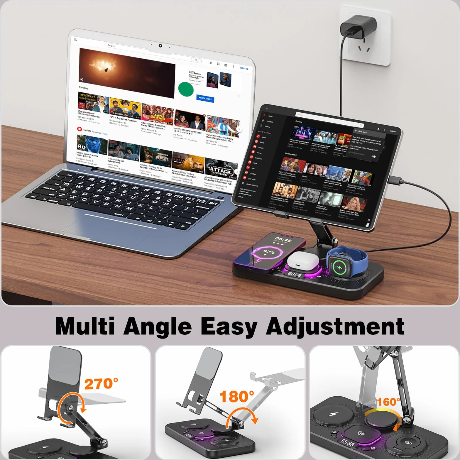 Bezprzewodowa stacja ładująca 4 w 1 do iPhone'a, regulowany stojak na tablet biurkowy z lampką nocną LED, składany stołowy uchwyt na iPada Pro Air Mini, tablety i telefony 10,16 cm-39,62 cm