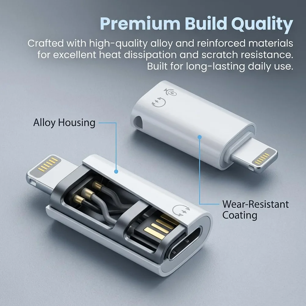 Adapter USB C na Lightning, adapter USB C do wtyczki Lightning do szybkiego ładowania PD i transmisji danych 480 Mbps, wytrzymała aluminiowa obudowa, idealna do samochodu i podróży, bez audio/OTG