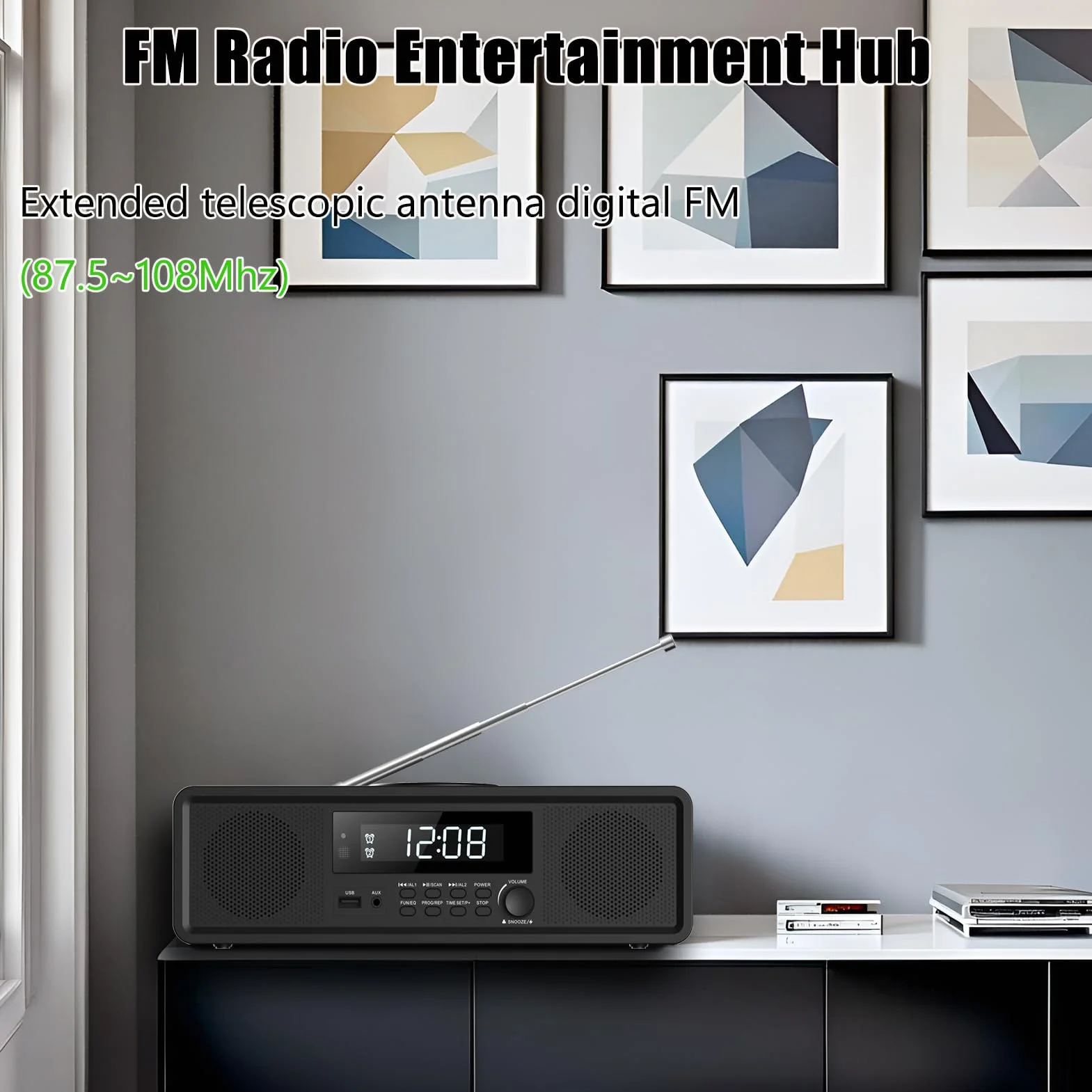 Zestaw stereo kompaktowy domowy system stereo, odtwarzacz CD z Bluetooth, radio FM, wejście Aux-In, odtwarzanie USB, zegar cyfrowy, podwójny budzik, odtwarzacz CD do domu