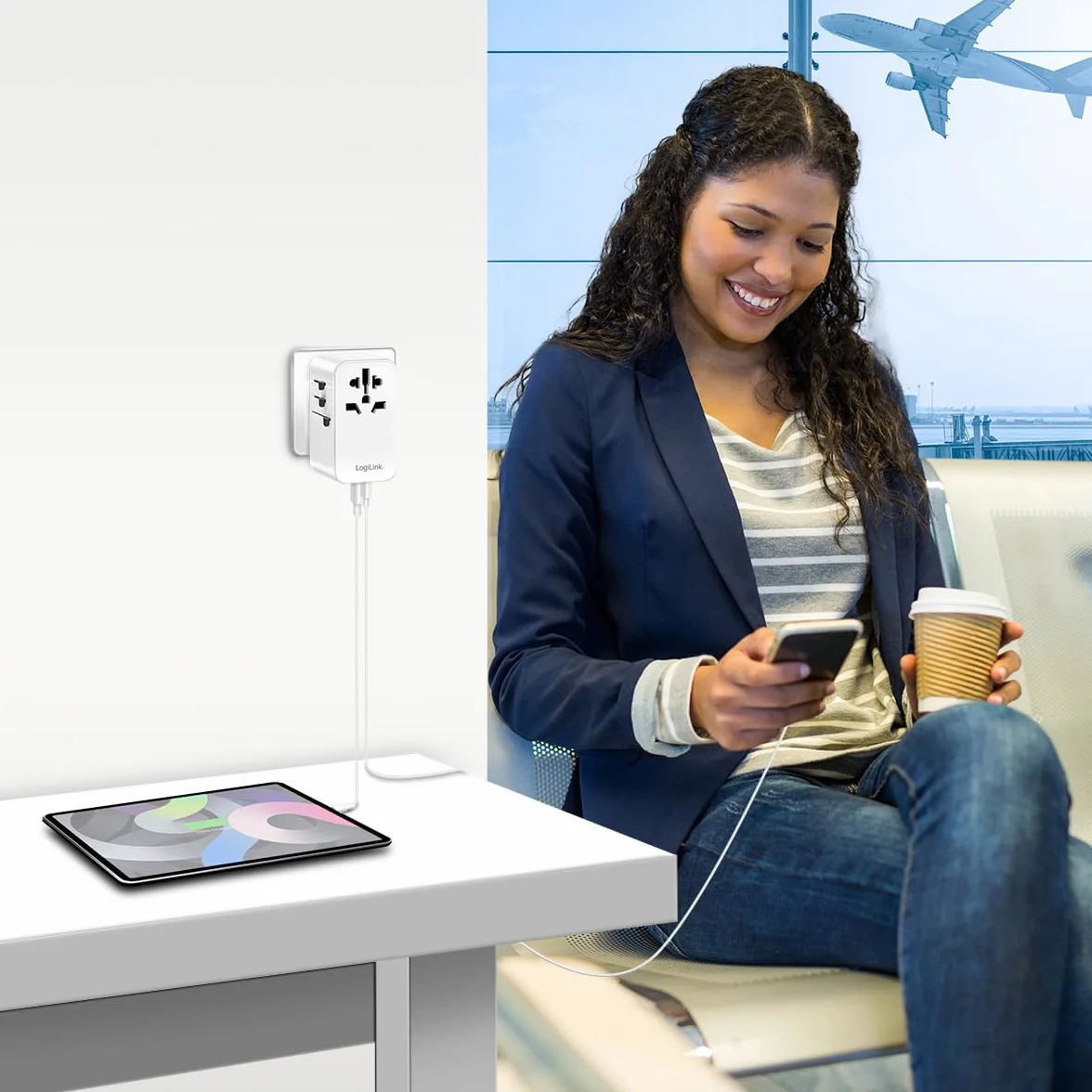 LogiLink PA0357 - uniwersalny zasilacz podróżny z 10 rodzajami wtyczek do >200 krajów, 70 W i PD (PowerDelivery) i QuickCharge, 3 x porty USB, ognioodporny