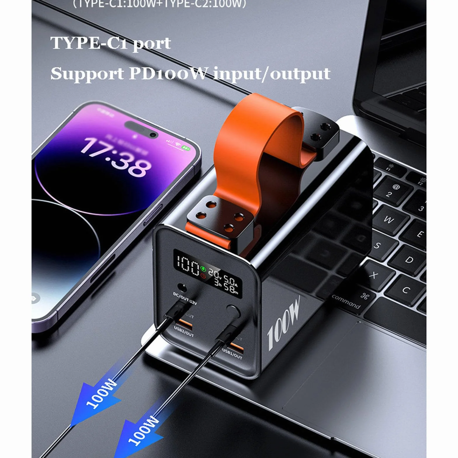 Przenośny Power Bank z diodą LED, wejście/wyjście PD 100 W, bateria o dużej pojemności 30000 mAh, do telefonów komórkowych i tabletów,Black