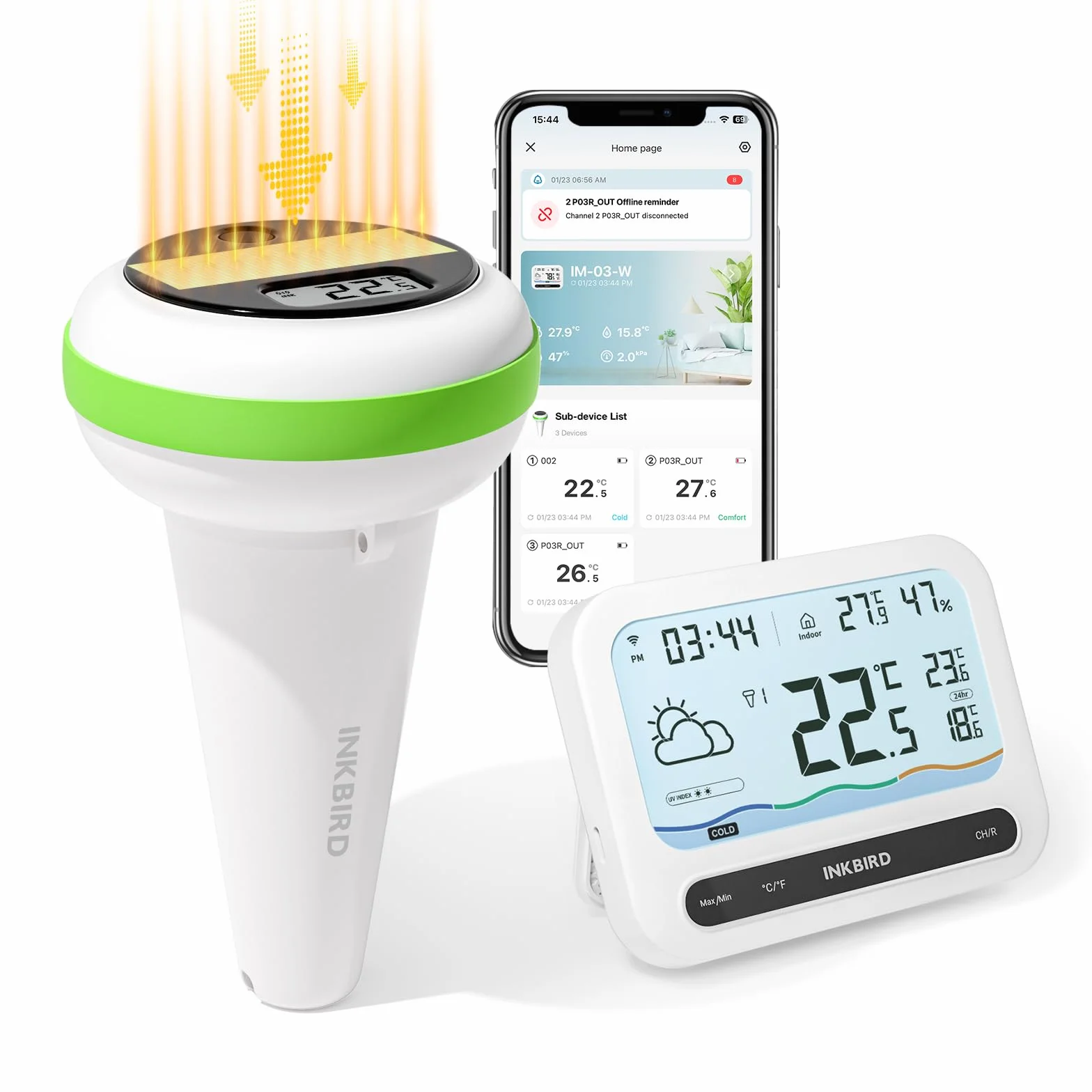 Inkbird IBS-P03R solarny termometr basenowy Wifi z zestawem IM-03 Wifi Gateway, monitor wilgotności UV