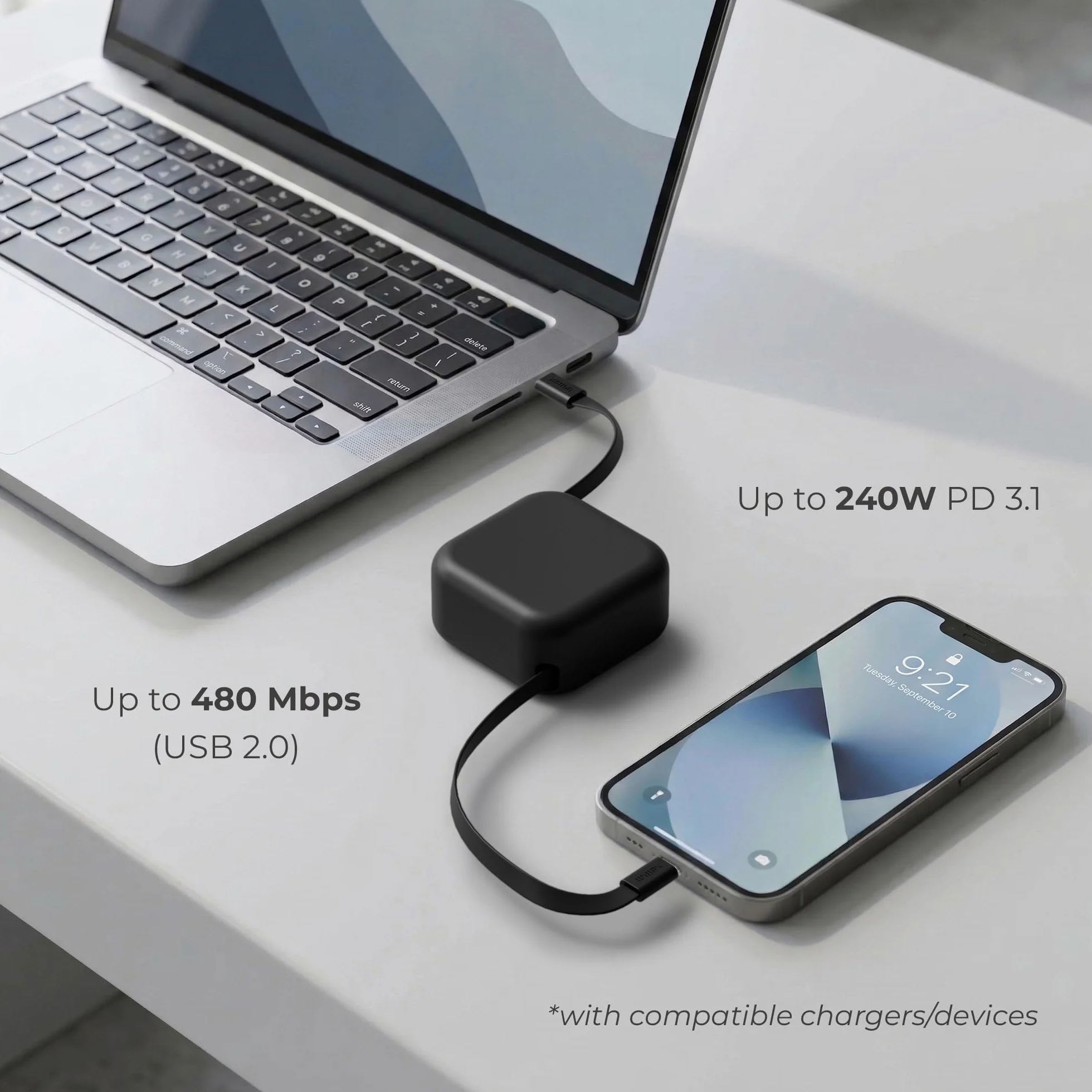 Willox SplitSpool Wysuwany kabel do szybkiego ładowania, 240 W, kompatybilny z USB‑C, niezależny podwójny wyciąg, do 2 m od końca do końca, do iPhone 16/15, iPad Pro, MacBook, Samsung Galaxy (czarny)
