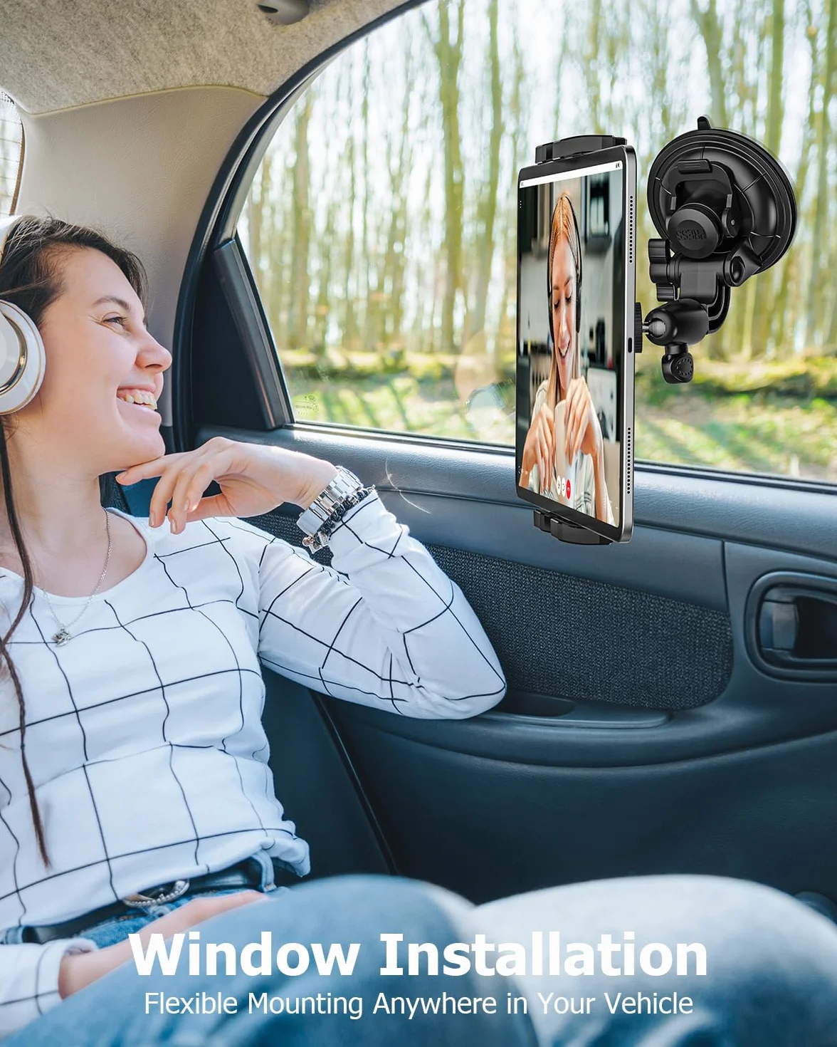 Uchwyt na tablet samochodowy przyssawka przednia [Super mocna przyssawka] | Tablet Deska rozdzielcza z adapterem śrubowym 1/4" do iPada Pro Air Mini, telefonów komórkowych, 4-12,9" i Gopro/kamery