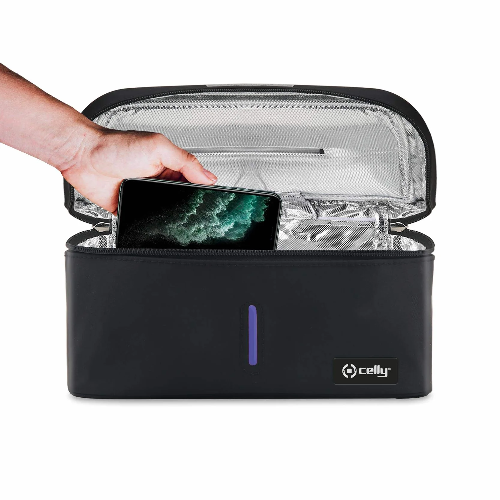 Celly Przenośna uniwersalna maszyna do sterylizowania promieni UV (certyfikat), torba do dezynfekcji z promieniami UV-C do smartfonów i akcesoriów, tabletów do 8", zegarków, masek, rękawiczek.
