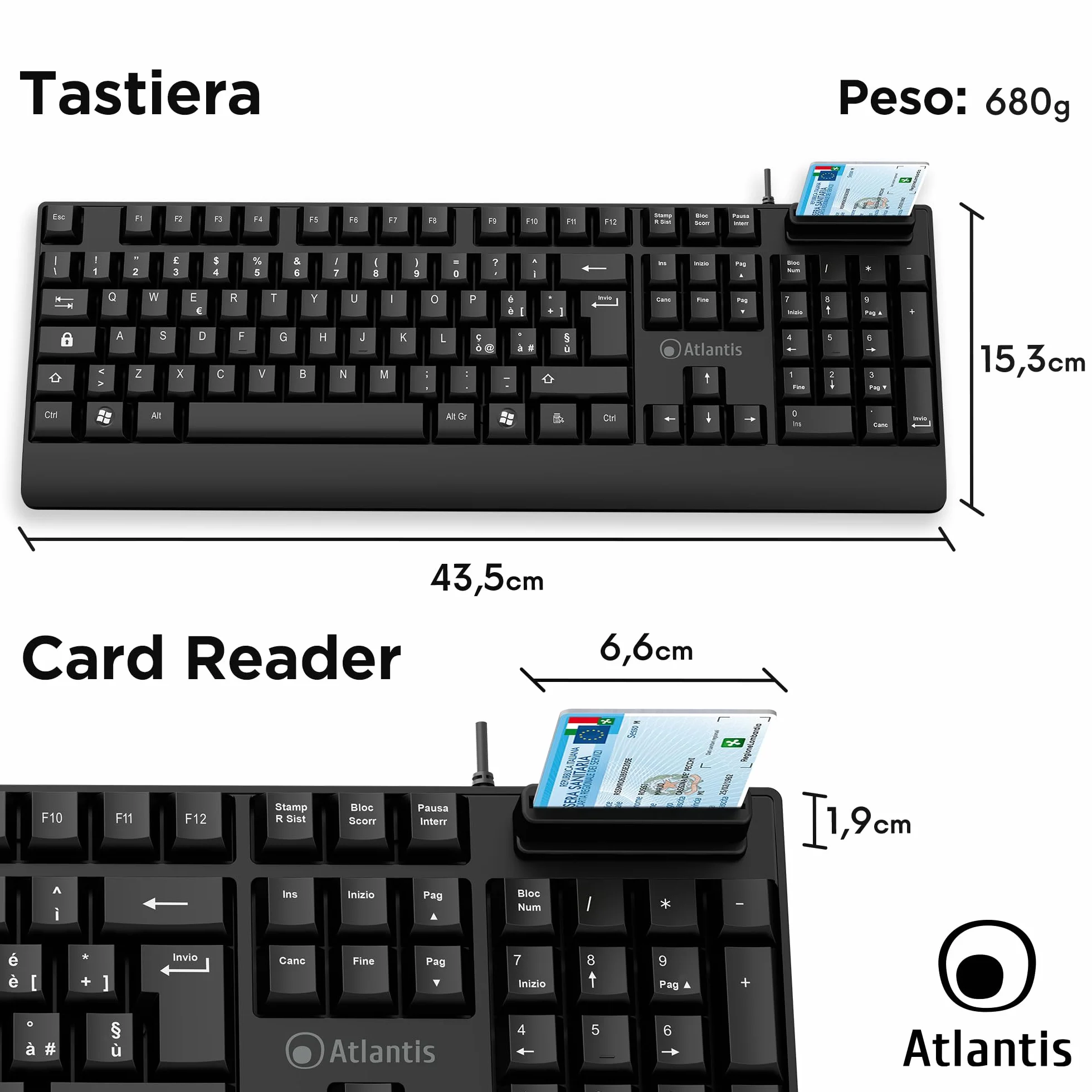 Atlantis Klawiatura z wbudowanym czytnikiem kart SmartCard, włoska QWERTY, odczyt CNS, CRS, karta zdrowia, podpis cyfrowy, złącze USB, kabel 1,5 m - czarny