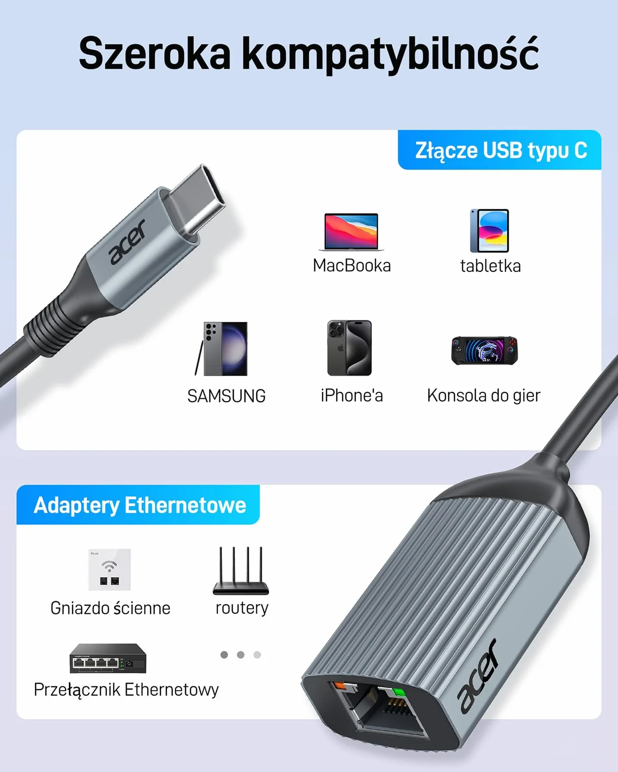 acer Przejściówka USB C na Ethernet, Przejściówka RJ45 na USB Type-C Ethernet bez sterowników, aluminiowa przejściówka LAN 1Gbps do MacBooka Pro/Air, iPada Pro, iPhone'a 16 Pro/Max, Dell XPS (Szara)