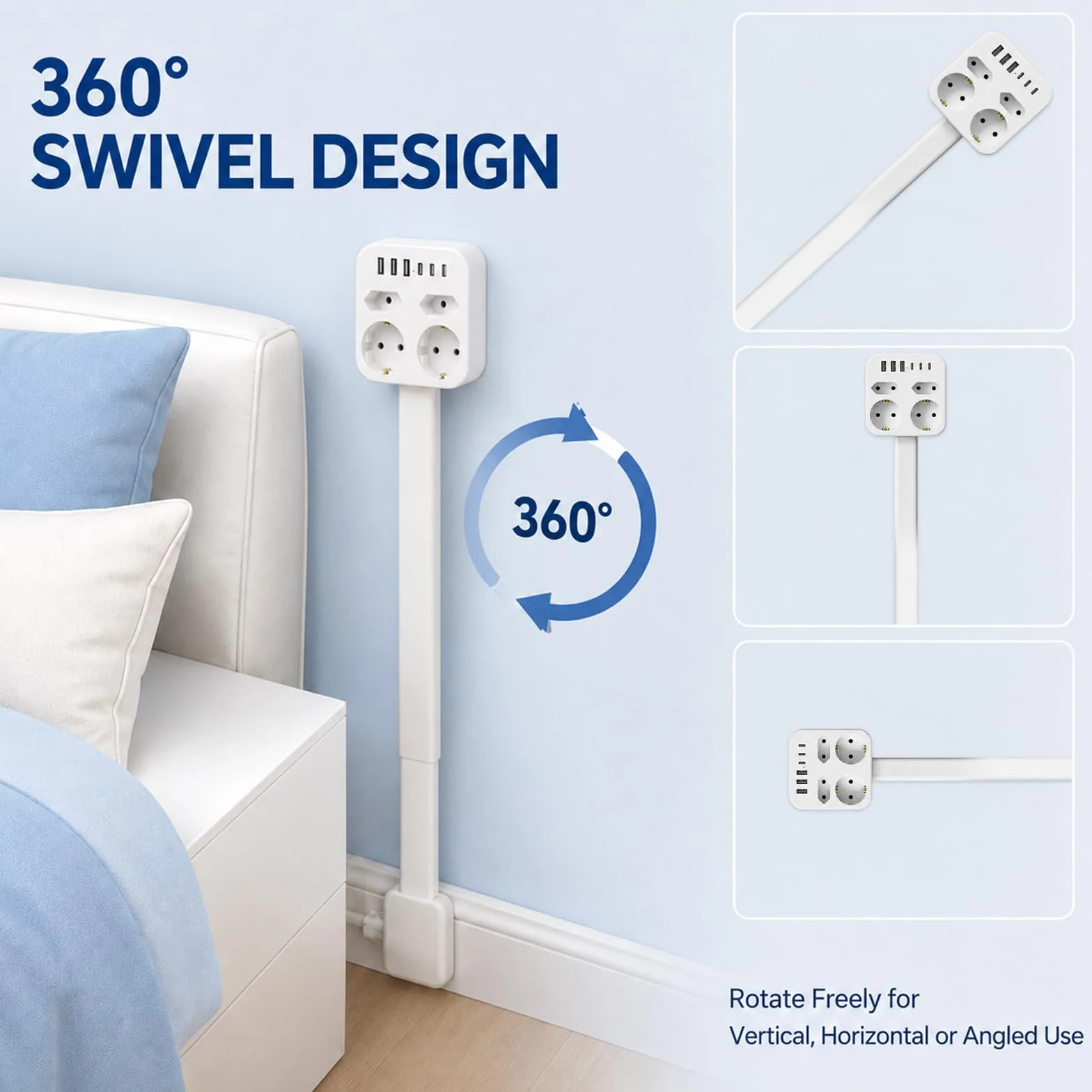 Przedłużenie gniazdka wtykowego, wysuwane, 45-65 cm, rozszerzalna listwa zasilająca | Z 3 USB-C i USB-A, obracany o 360° do sofy, łóżka, biurka, płaskiego gniazdka z ochroną przed przepięciem