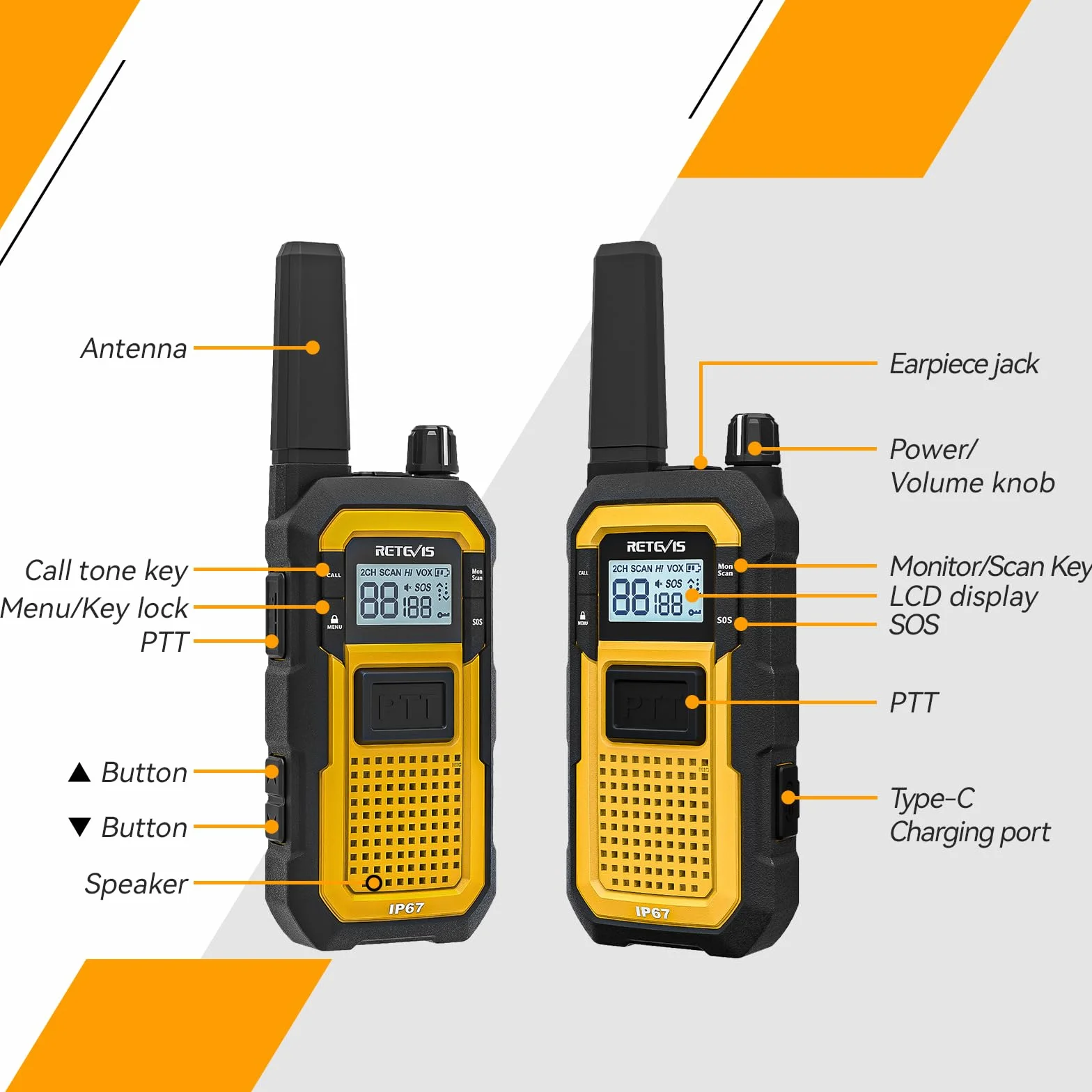 Retevis RB648 Walkie Talkie, Wodoodporne Krótkofalówki IP67, Podwójny Przycisk PTT, Wibracje SOS, 2000 mAh Typ C, Wytrzymałe Walkie-Talkie ze Słuchawką na plac Budowy (4 Szt, Żółty)
