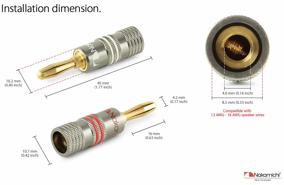 Nakamichi Ultimate Series berylowo-czerwona miedź pokryta 24K złotem - wtyk bananowy 4mm, złącza 12-18 AWG, idealne do elastycznego podłączenia do kolumn hi-fi, wzmacniaczy 2 Szt. (1 Para)