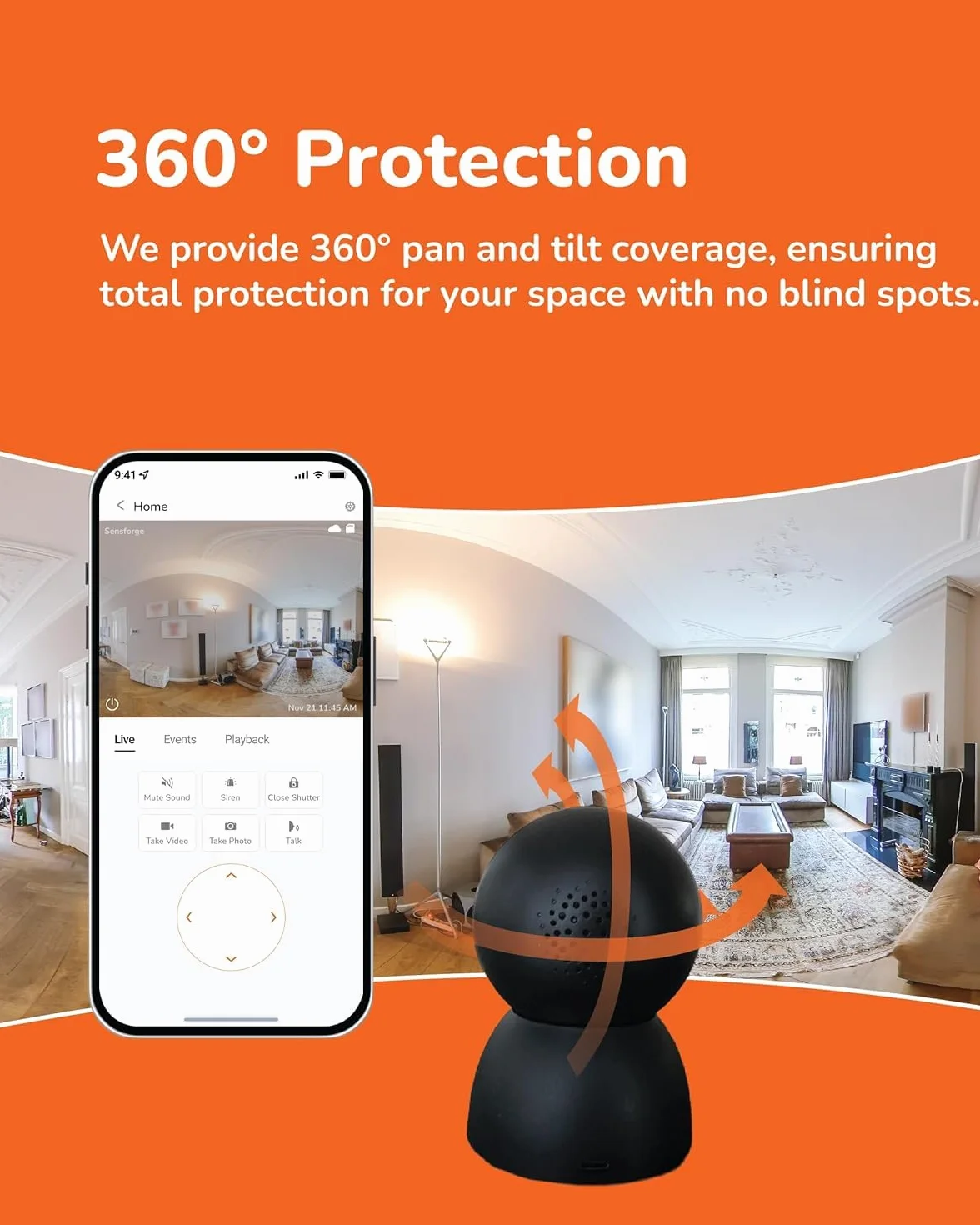 Sensforge Wewnętrzna kamera bezpieczeństwa 2,5K Pan-Tilt, wykrywanie ludzi i zwierząt domowych, zasięg 360°, dwukierunkowy dźwięk, dwuzakresowe Wi-Fi (2,4 g/5 G), karta SD 64 GB w zestawie, bez opłat