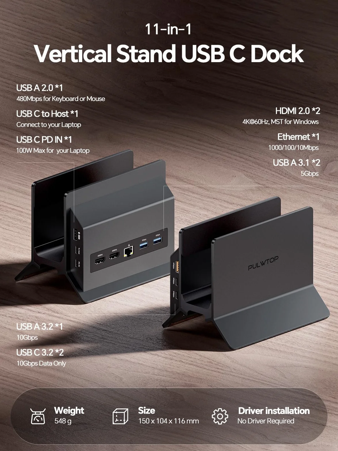 Stacja dokująca USB C, podwójny monitor 4K 60 Hz, pionowa stacja dokująca do laptopa 11 w 1 ze stojakiem, ładowanie PD 100 W, USB-C i USB-A, Gigabit Ethernet do laptopów z systemem Windows/Dell/Lenovo
