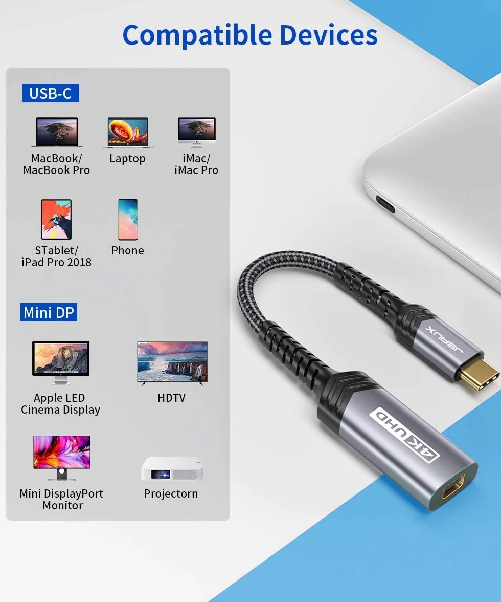 JSAUX Adapter USB typu C na Mini DisplayPort 4K przy 60 Hz, C na mini Display Port Dongle, kompatybilny z MacBook Pro 2019 2018, Dell XPS, Samsung Galaxy S21 S20 Plus, szary