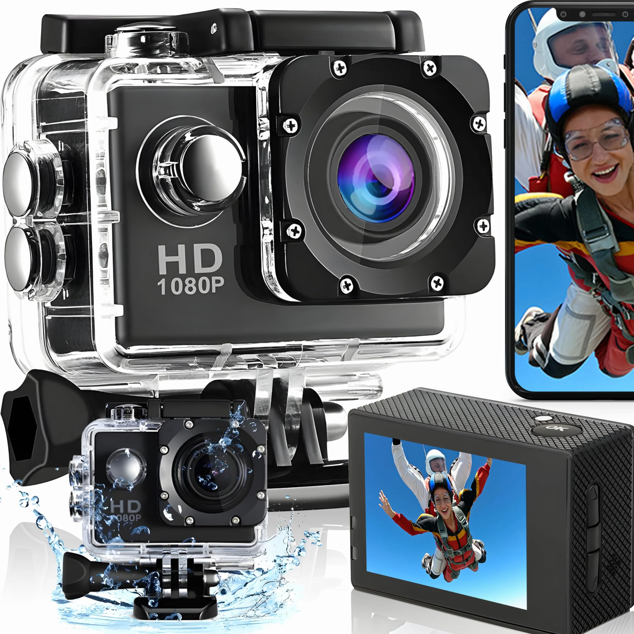 Retoo Action Cam, kamera podwodna 30 m, wodoszczelna, kamera sportowa, stabilizator obrazu w kasku, kamera do kamery micro SD 4-32 GB, USB 2.0, ładowarka do akumulatorów 400 mAh, 3,7 V, do roweru