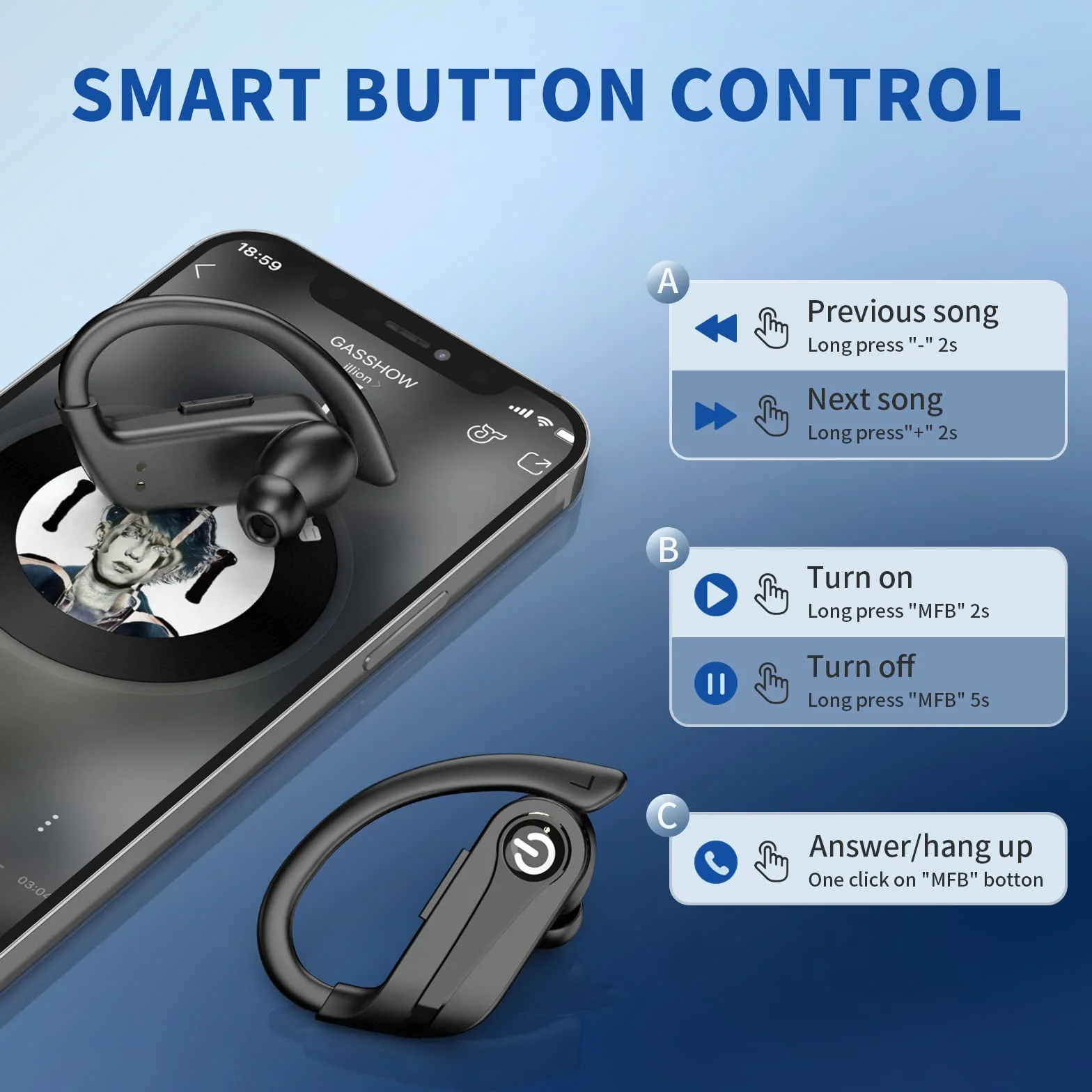 Bezprzewodowe słuchawki douszne Bluetooth z mikrofonem, 72H bezprzewodowe słuchawki Bluetooth 5.3, sportowe słuchawki douszne z cyfrowym wyświetlaczem LED, wodoszczelne IPX7, słuchawki dokanałowe z