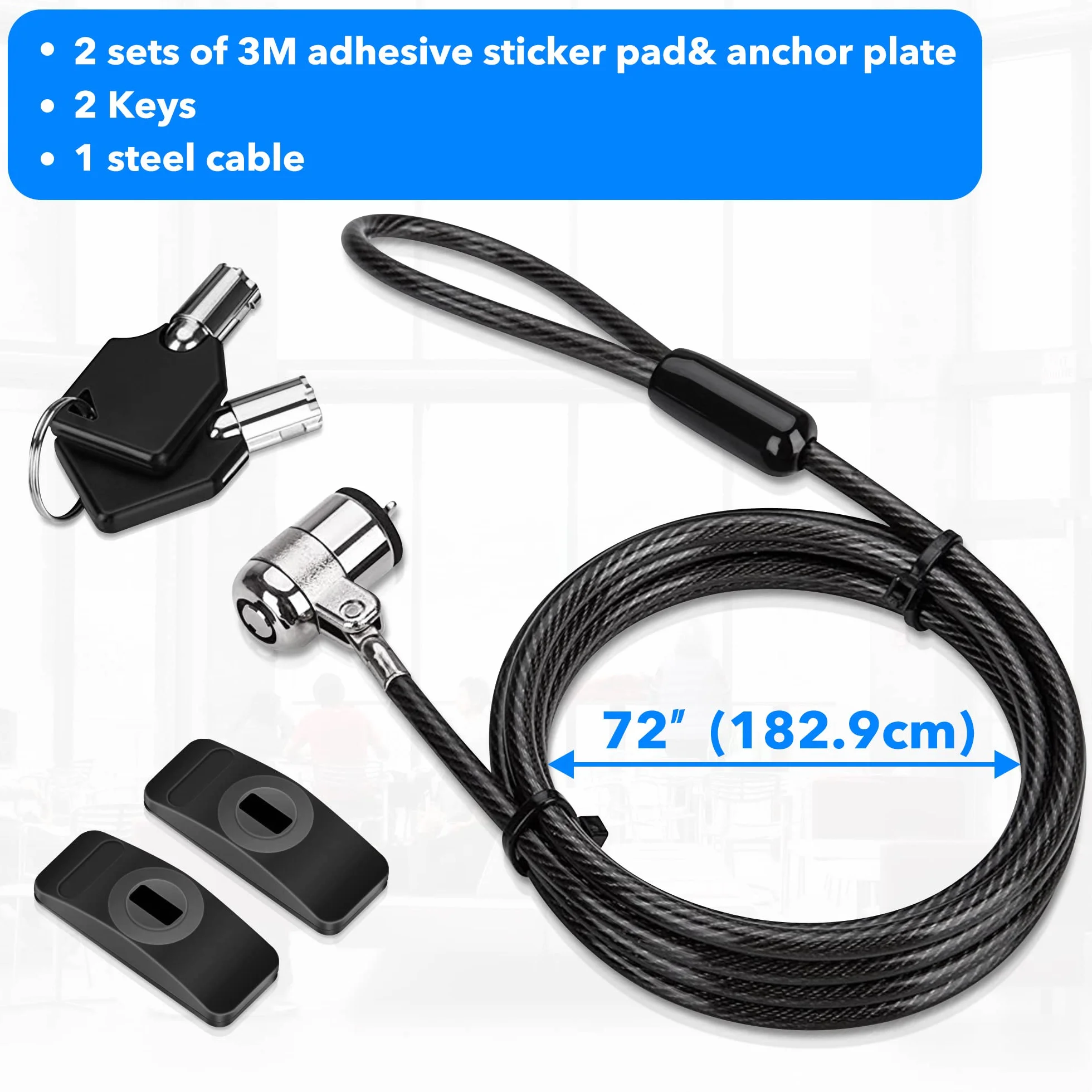 AboveTEK Blokada laptopa, kabel zabezpieczający do tabletu, 2 klawisze, trwały, stalowy zestaw blokujący z kotwicami samoprzylepnymi, ochrona sprzętu, ochrona przed kradzieżą, do telefonu, notebooka