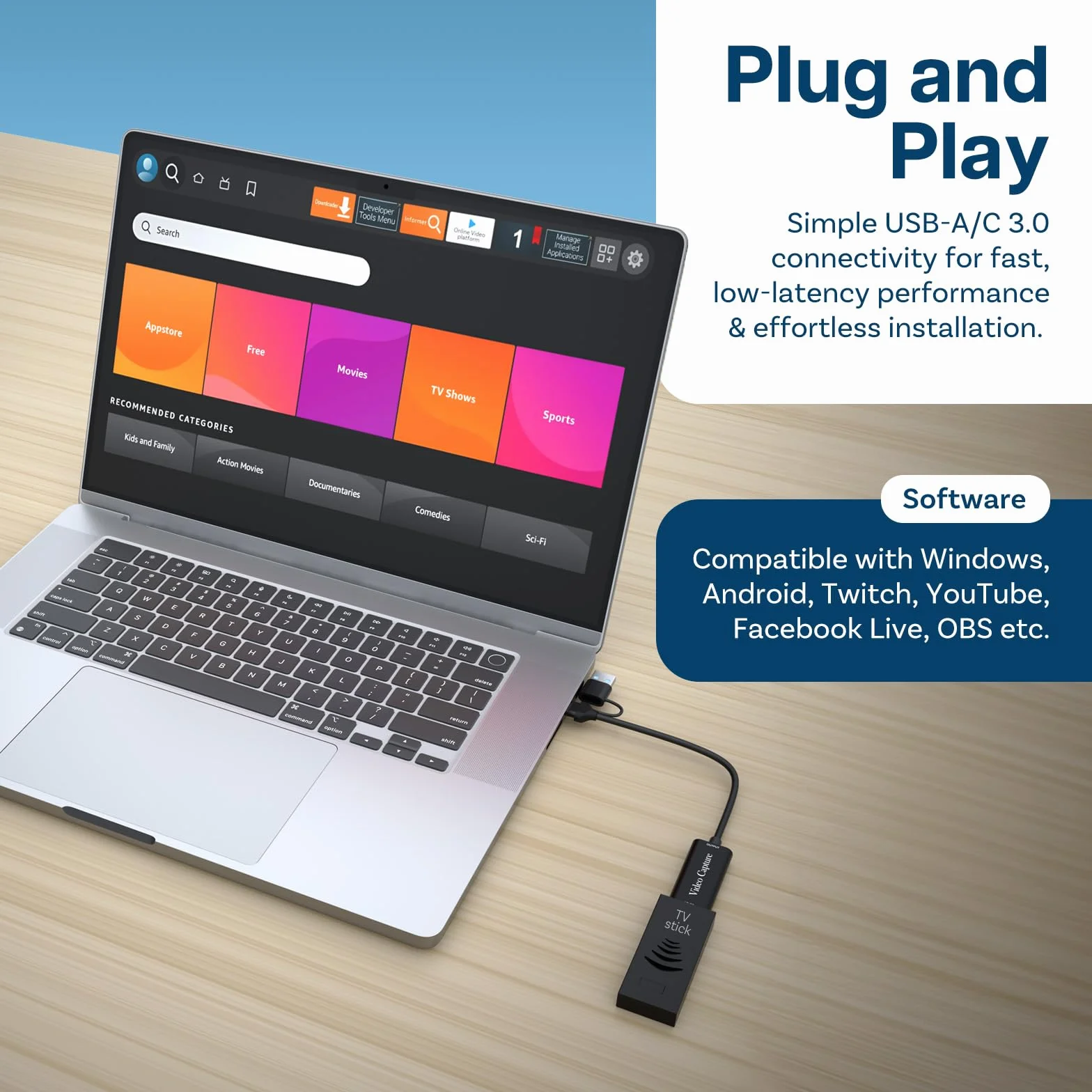 Karta do Przechwytywania Wideo USB-A/USB-C 3.0 do HDMI firmy MMOBIEL – 60FPS Max 4K In 1080p Out - Karta do Nagrywania Wideo - do Strumieniowania na Żywo - Kompatybilny z PS5/4, Xbox, Switch, PC etc.