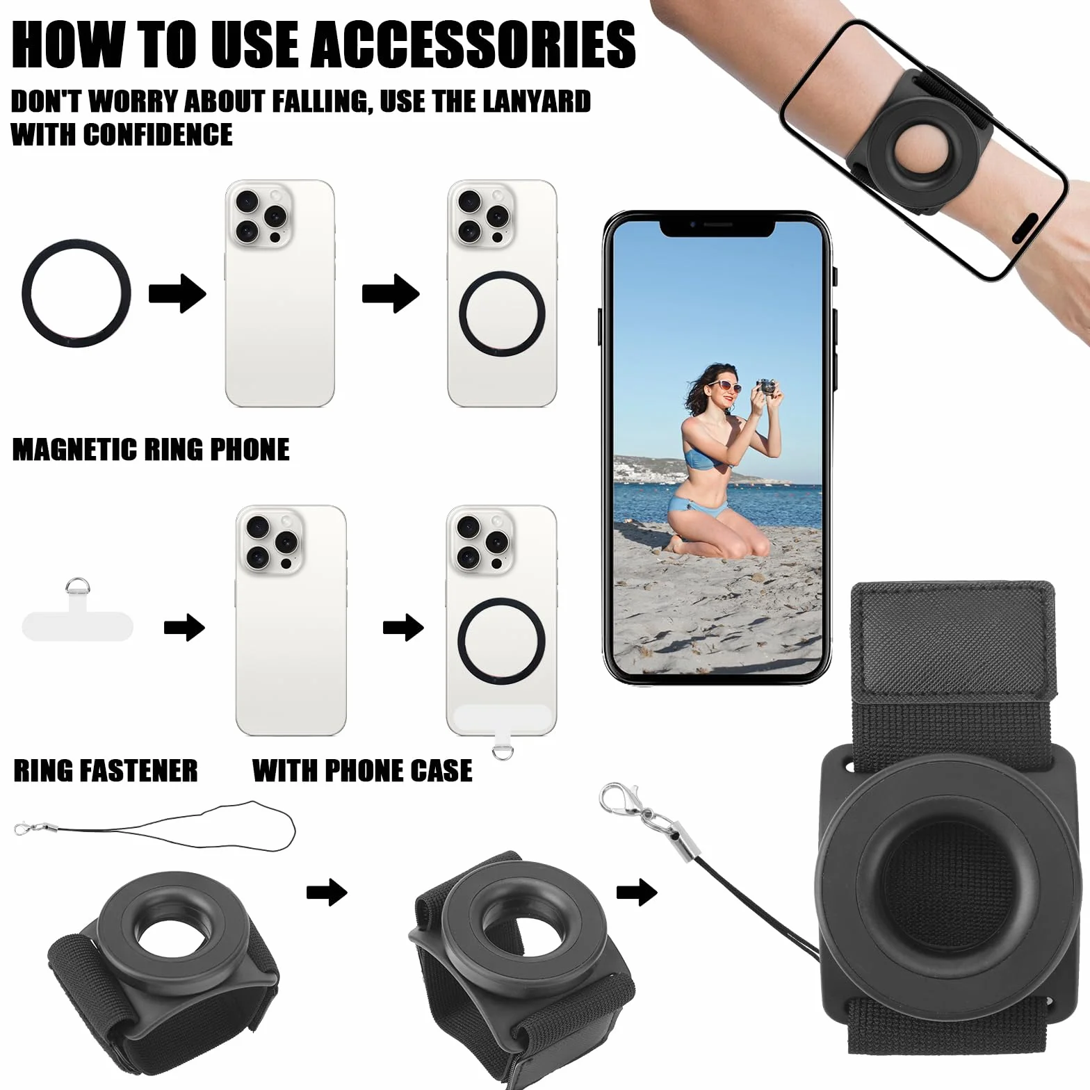 Uchwyt na Telefon do Biegania, Plastikowy Magnetyczny Uchwyt na Telefon na Nadgarstek 360° Obrotowy Uchwyt na Telefon do Biegania Elastyczna Opaska na Ramie do Biegania Uchwyt na Telefon