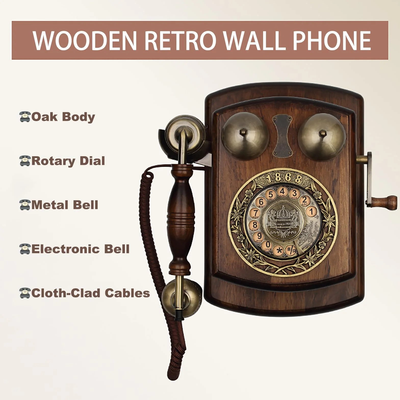Telefon Stacjonarny Ścienny W Stylu Vintage, Drewniany Telefon Ścienny Z Tarczą Obrotową, Retro Antyczny Telefon Stacjonarny Z Dzwonkiem Mechanicznym, Staromodny Tel