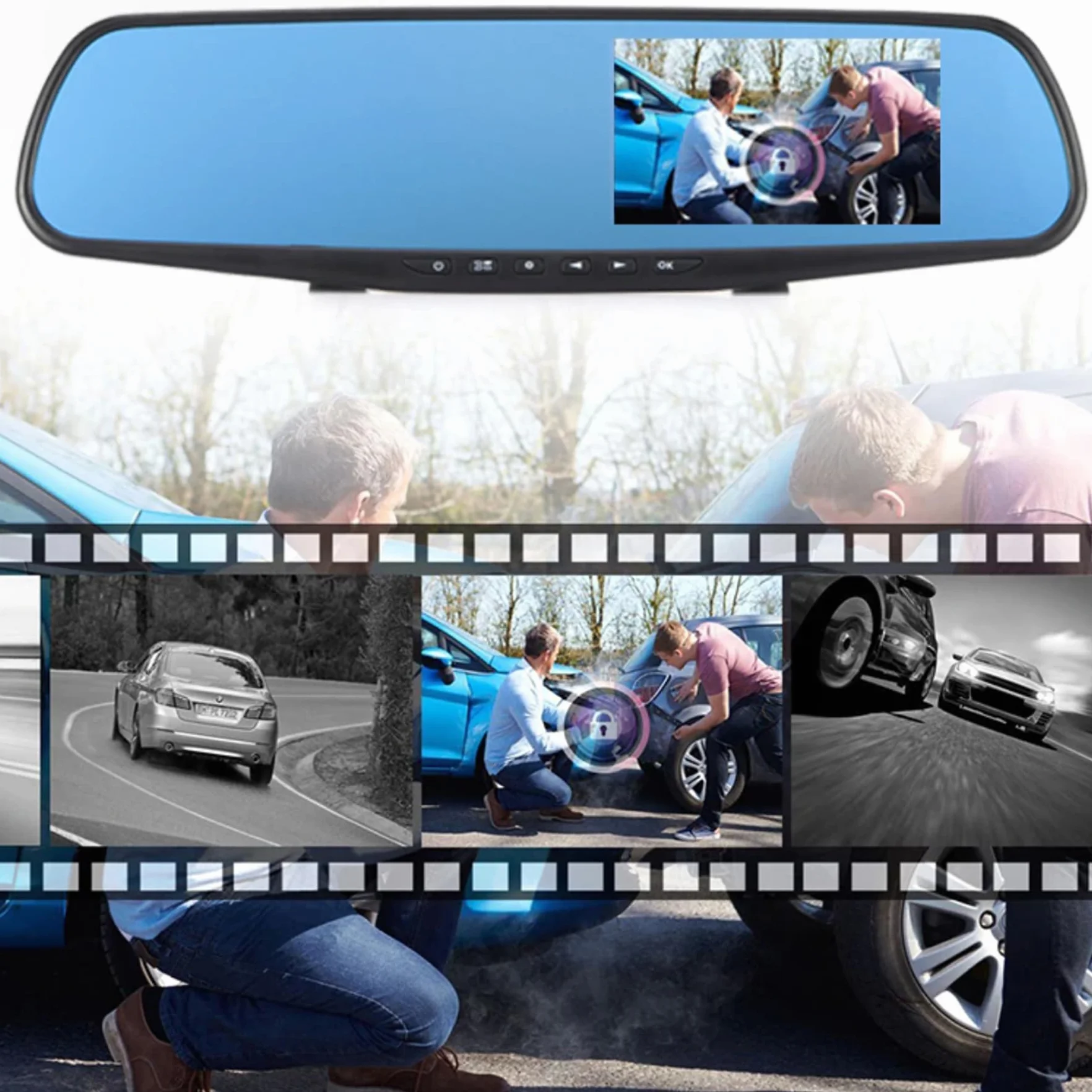 Retoo Kamera samochodowa Full HD z kamerą cofania z noktowizorem z tyłu i dolną pętlą o przekątnej 4,3", 170° z przodu / 120° z tyłu, podwójna kamera samochodowa 1080p