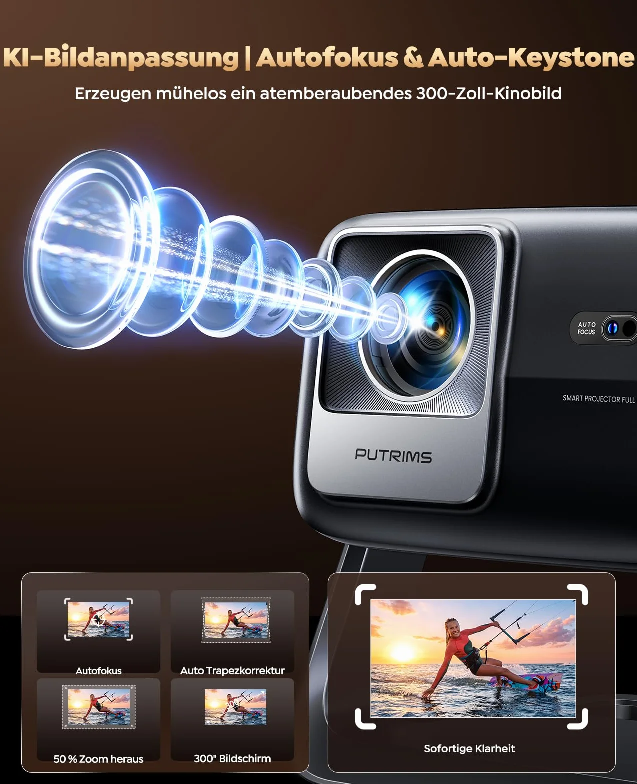 Smart Beamer【Google TV i głośnik 30 W】Projektor kina domowego 4K obsługuje autofokus/korekcję trapezową 6D, HDR10, WiFi Bluetooth Full HD 1080p LED projektor, podstawa obrotowa 360°, projektor
