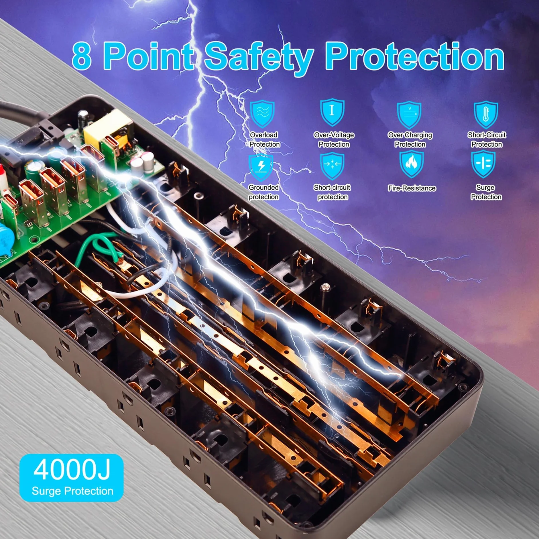Large Power Strip Surge Protector 4000 Joules,Heavy Duty 14 Gauge Cord (Rated 15A,Max.20A),2 USB C 4 USB A Ports,Flat Plug,25 Widely AC outlets,6.5ft,Black,NANOLAKE