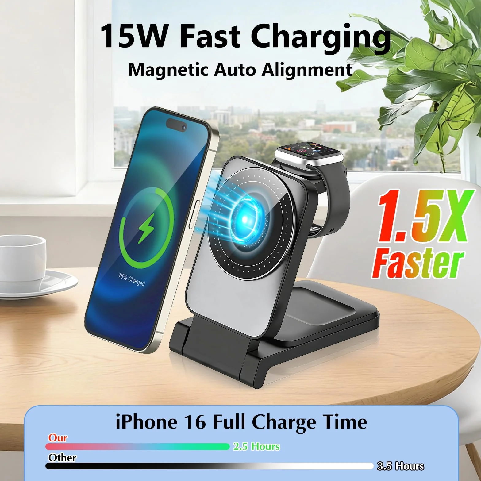 Ładowarka Bezprzewodowa 3-w-1, Stacja Ładowania Indukcyjnego, Podstawka do Szybkiego Ładowania, Wireless Charger do iPhone 17 Air 16e 16 15 14 13 12 11 oraz Apple Watch i AirPods