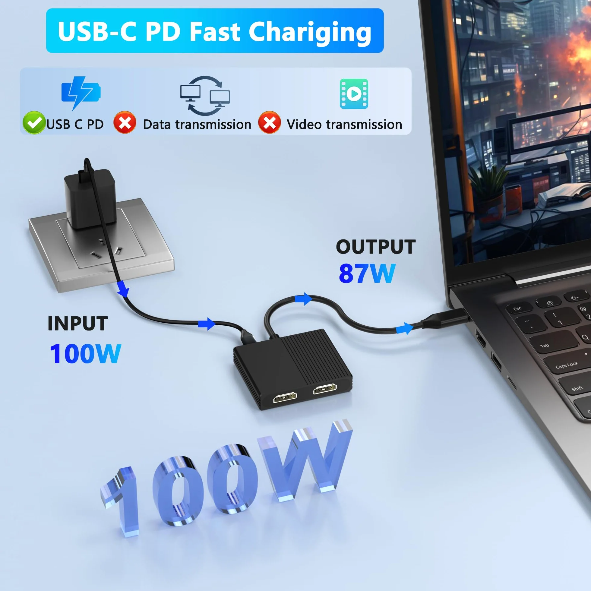 Rozdzielacz HDMI na dwa monitory, adapter USB C na podwójny HDMI 4K @ 60 Hz do laptopów Dell/HP/Mac z PD, USB 3.0, podwójny adapter HDTV na 2 monitory, rozdzielacz HDTV